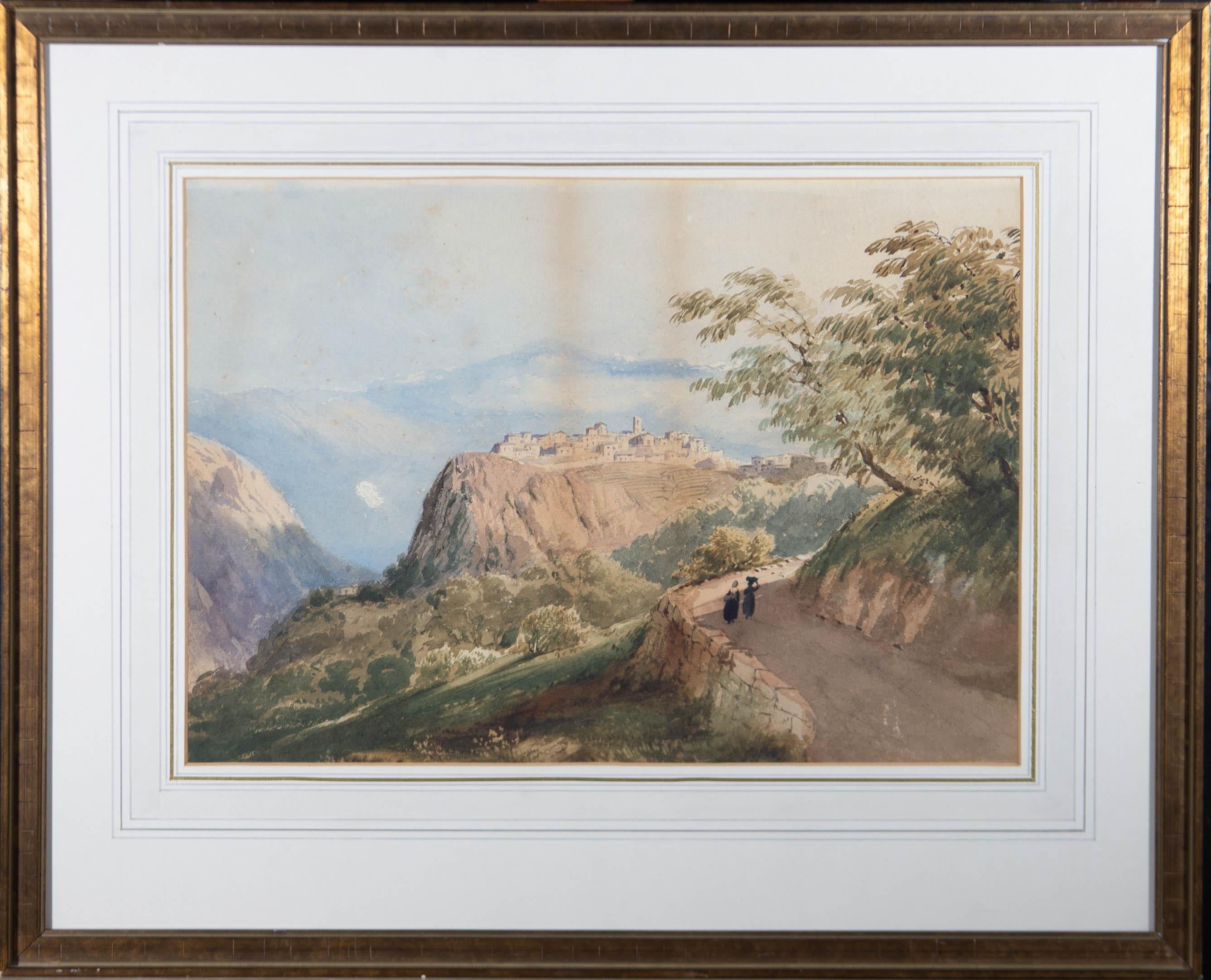 Unknown Landscape Art – Aquarell-Aquarell des 19. Jahrhunderts – Italienische Hügelstadt