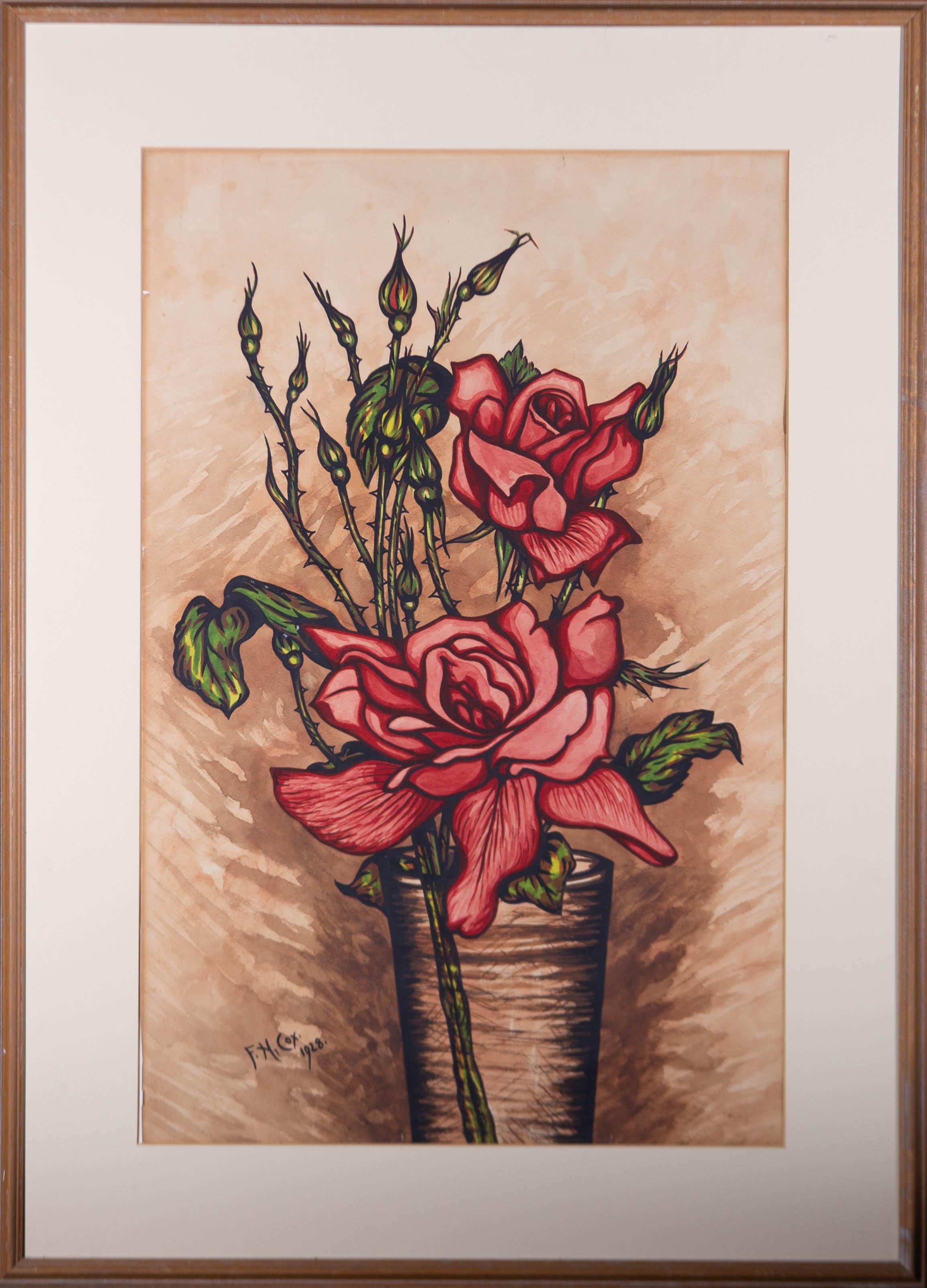 Ein bezauberndes Aquarell mit Gouache von F.N. Cox, der eine Stillleben-Szene mit zwei roten Rosen in einer hohen Vase darstellt. Signiert und datiert in der linken unteren Ecke. Präsentiert in einem cremefarbenen Passepartout und in einem dünnen