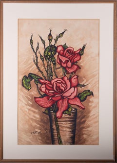 Vintage F.N. Cox - 1928 Watercolour, Red Roses in Vase
