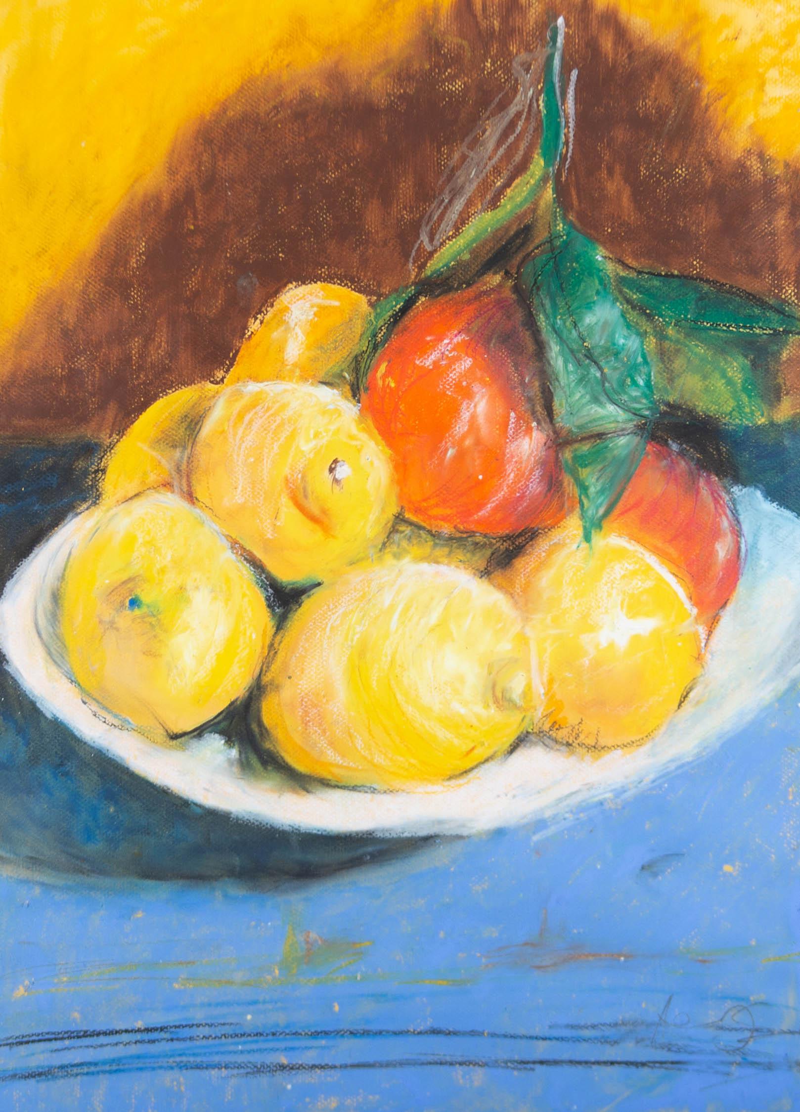 Pastel à l'huile contemporain encadré - Lemons in a Bowl - Art de Unknown