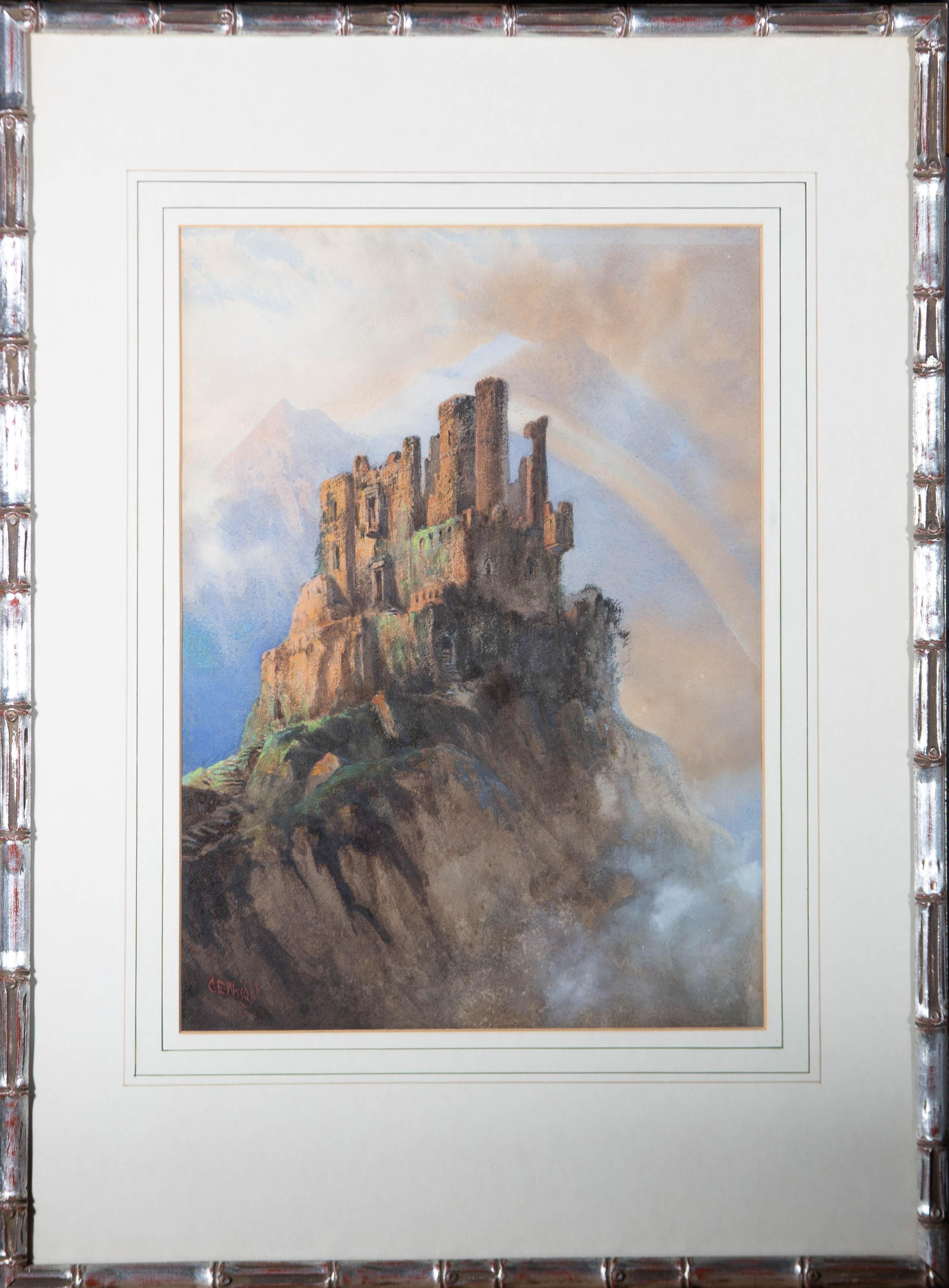 Une peinture à l'aquarelle avec de la gomme arabique et de la couleur corporelle d'un majestueux château en ruine sur un sommet de montagne. Présenté glacé dans un support de ligne de lavage et un cadre effet bambou argenté et doré. Signé dans le