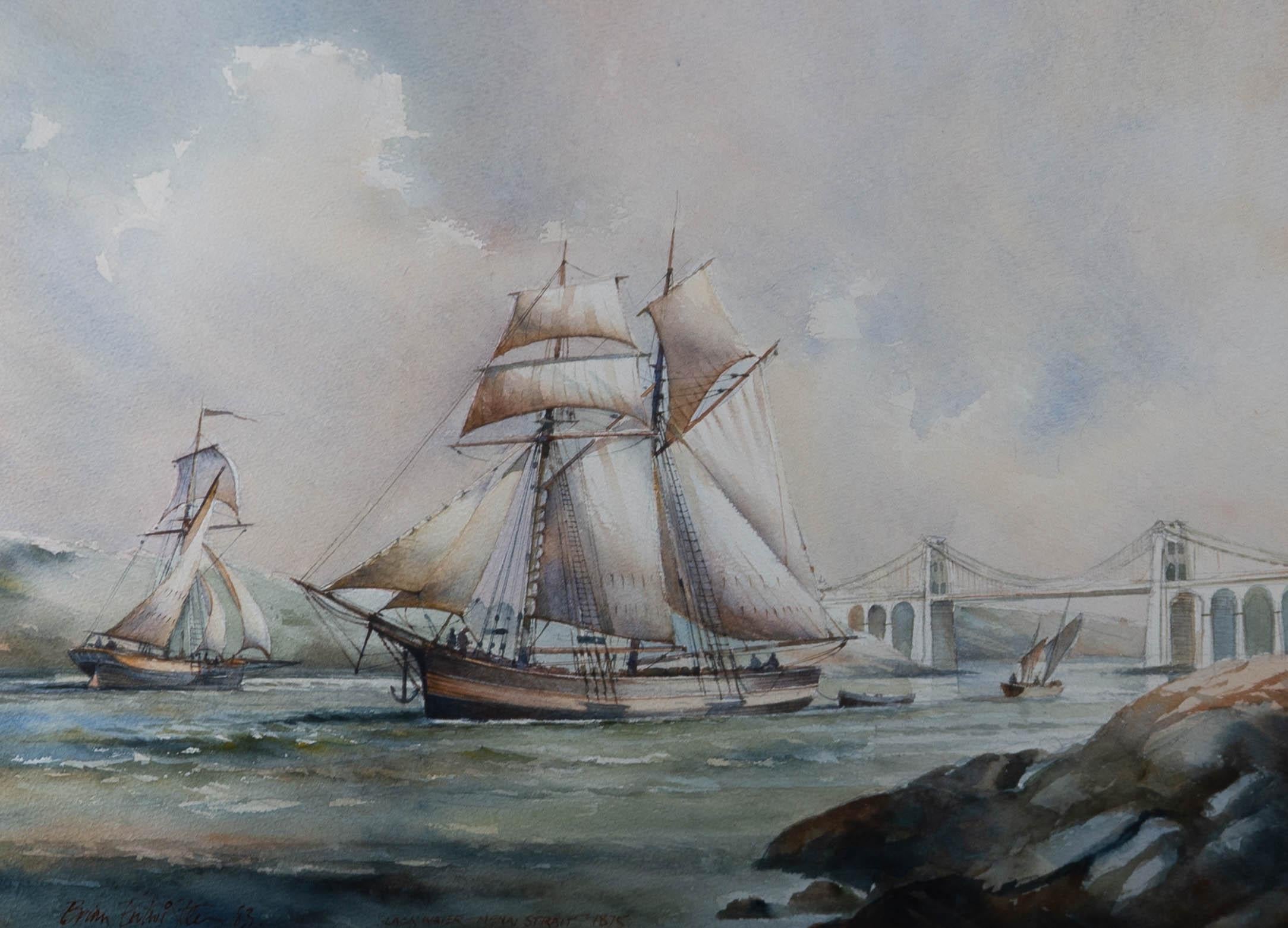 A fine and accomplished watercolour painting by the artist Brian Richard Entwistle, depicting the Schooner 'Ebenezer'. The inscription to the lower margin reads: 'Slack Water - Menai Strait - 1875'. Signed and dated to the lower left-hand corner.