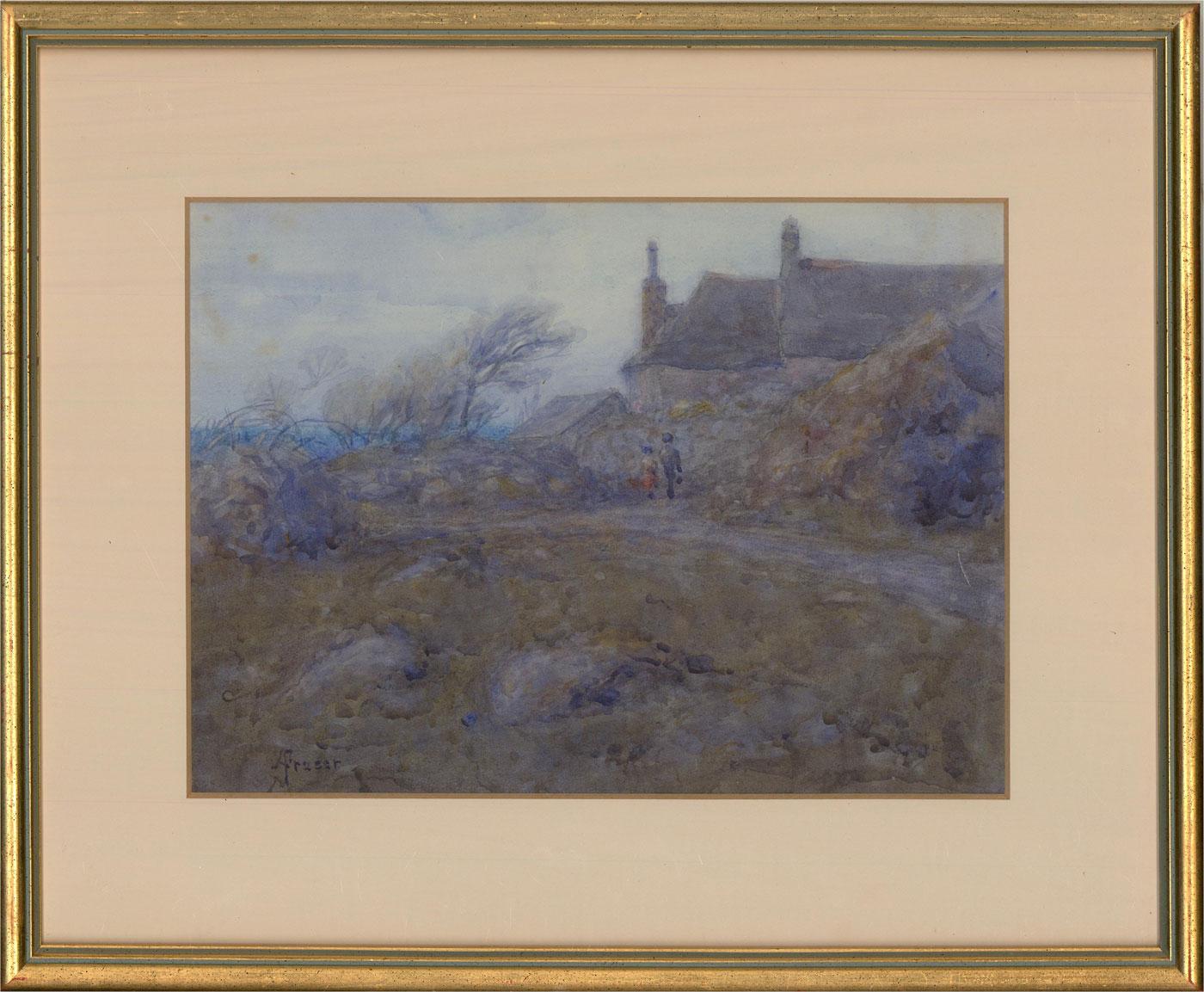 A landscape beside a cottage on a cool morning. Two figures can be seen walking along a path in the background. Presented glazed in a cream mount and a distressed gilt-effect wooden frame. Signed to the lower-left edge. On watercolour paper.
