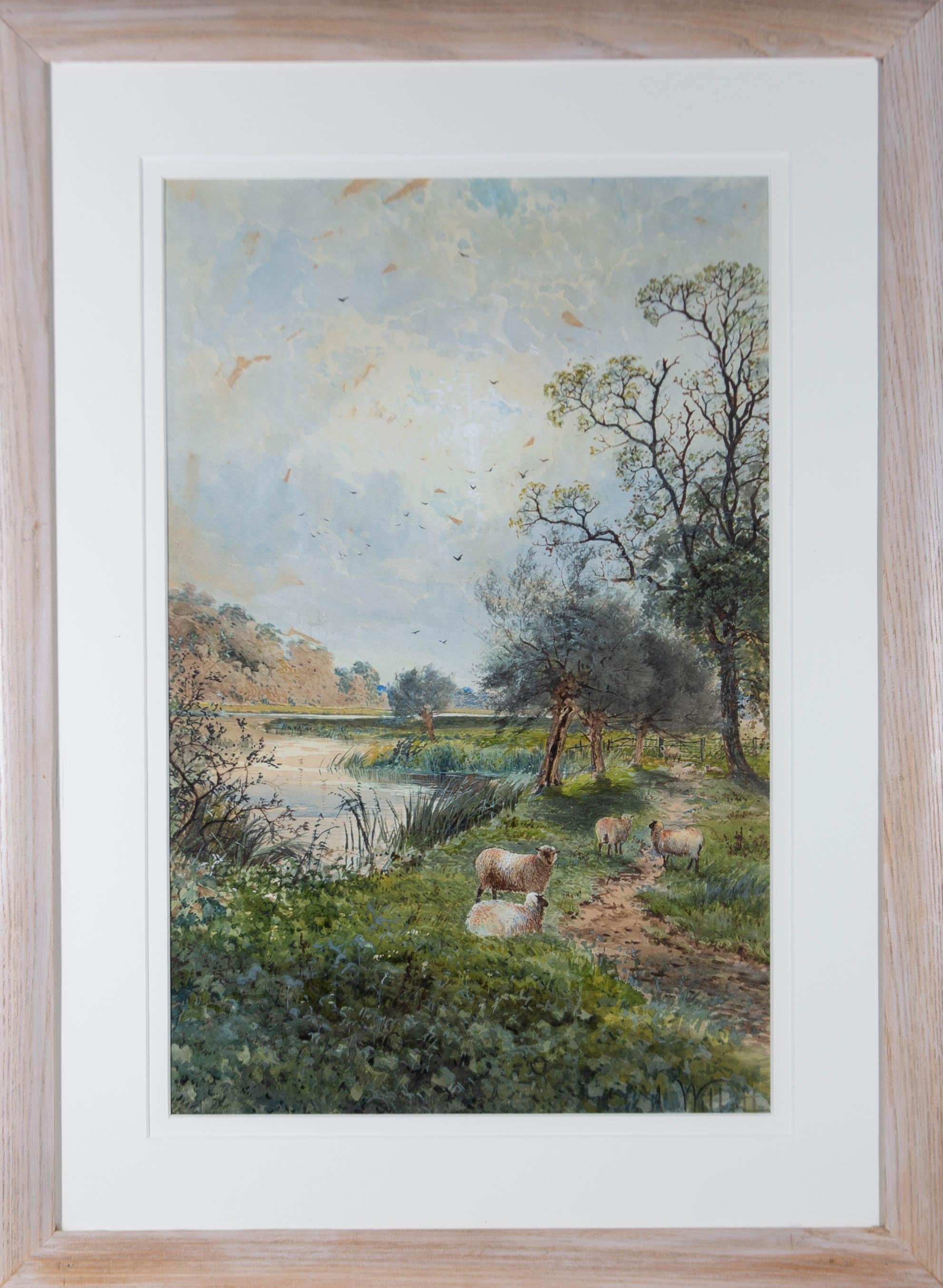 A beautiful Summer landscape in watercolour showing a group of sheep, resting in the cool shadows of a verdant, riverside path on the backwaters of the Thames. The blue sky overhead is filled with birds and the clouds reflect in the glittering