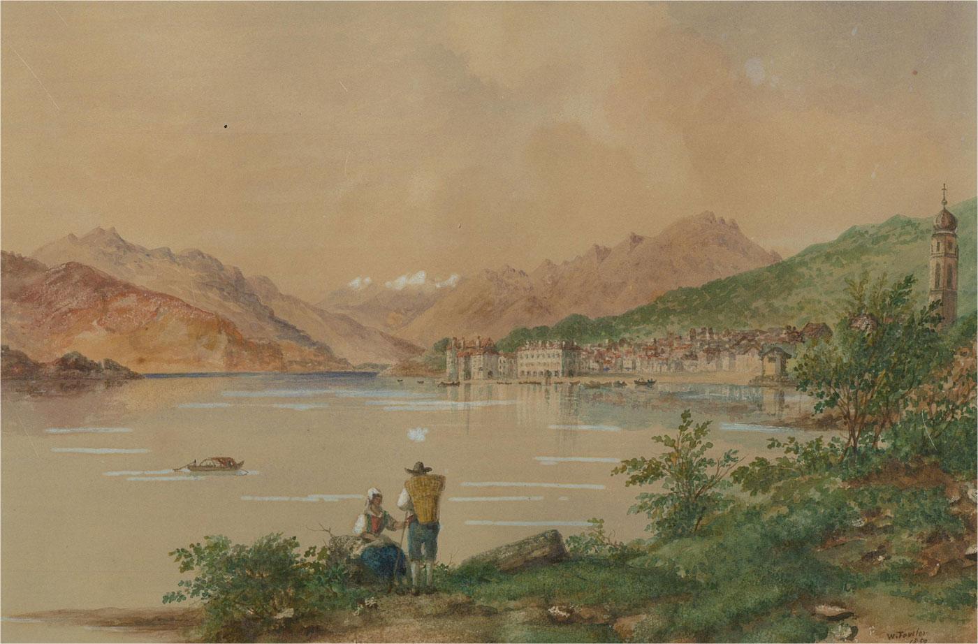 W. Towler - Aquarelle de 1852, ville de lac italienne en vente 1