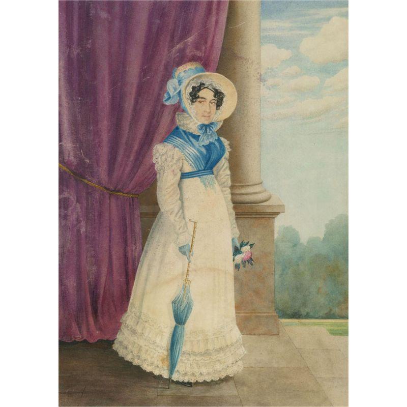 A full-length portrait of a Regency woman, copied from an earlier drawing. Inscribed with this information and signed and dated on the reverse of the watercolour. Presented in a white mount and a Hogarth-style frame. On watercolour paper.

