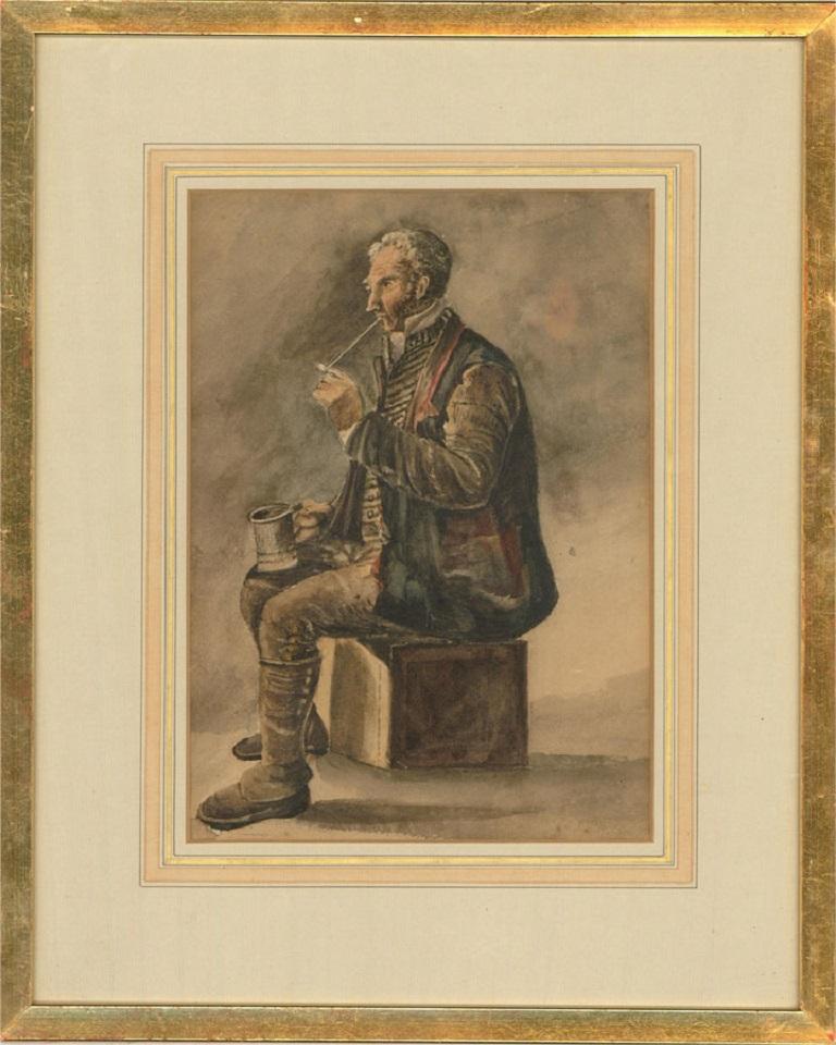 A portrait of a seated man smoking a pipe with a tankard of ale in his other hand. Presented glazed in a wash line mount with gold detailing and a distressed gilt-effect wooden frame. Inscribed with the title, initials, and date 'Christmas 1851' on