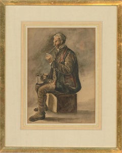 F.H.R. - 1851 Aquarell, Mann raucht eine Pfeife