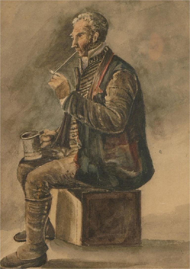 F.H.R. - 1851 Aquarell, Mann raucht eine Pfeife im Angebot 1