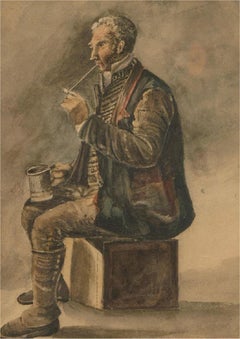 F.H.R. - 1851 Watercolour, Man Smoking a Pipe