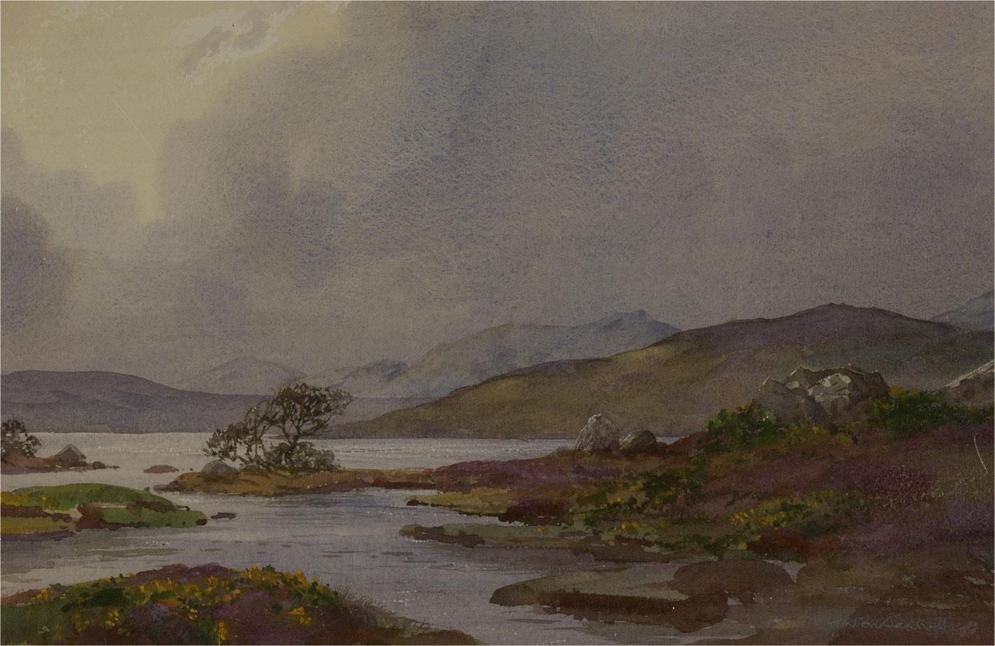 An atmospheric scene depicting a storm brewing over a secluded lake. Heather, wildflowers, and rocks populate the foreground as clouds begin to obscure the peaks of mountains in the distance. Presented glazed in a cream, brown, and white triple
