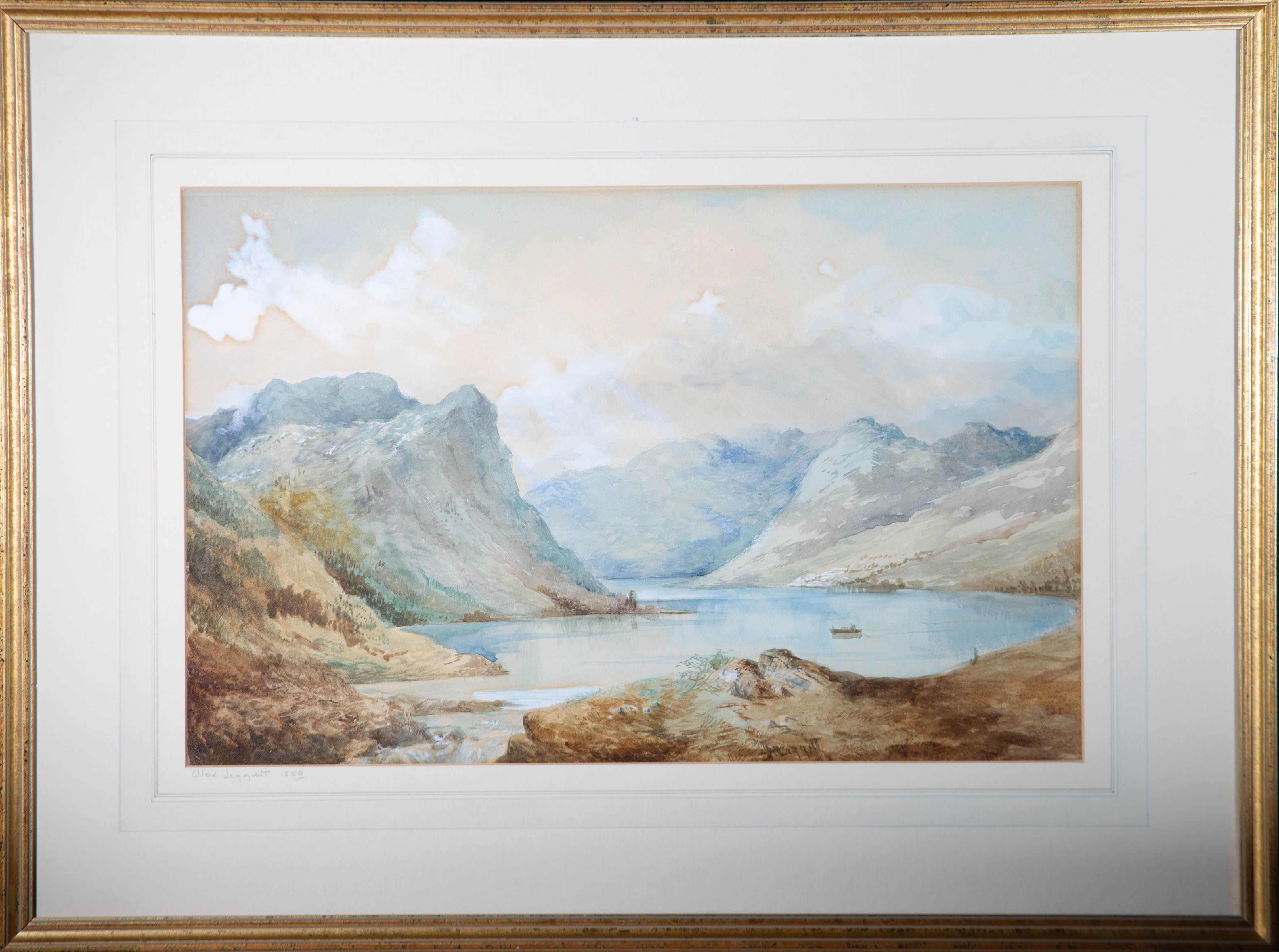 A picturesque scene depicting a rowing boat on a loch in the Scottish Highlands. Presented glazed in a wash line mount and a distressed gilt-effect wooden frame. Signed to the lower-right edge. The date and name of the artist are inscribed in