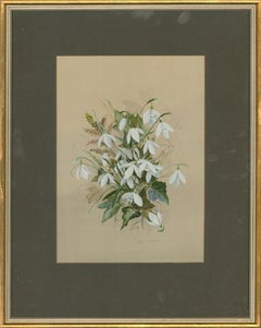 Mary Brown - Gouache du XXe siècle, « The First Snowdrops » (Les premières gouttes de neige