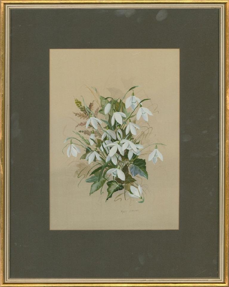 A pretty floral study showing a patch of delicate snowdrops pushing their way up through the winter's leaf debris. The artist has signed to the lower edge and the painting has been presented in a contemporary frame with a green card mount and glare