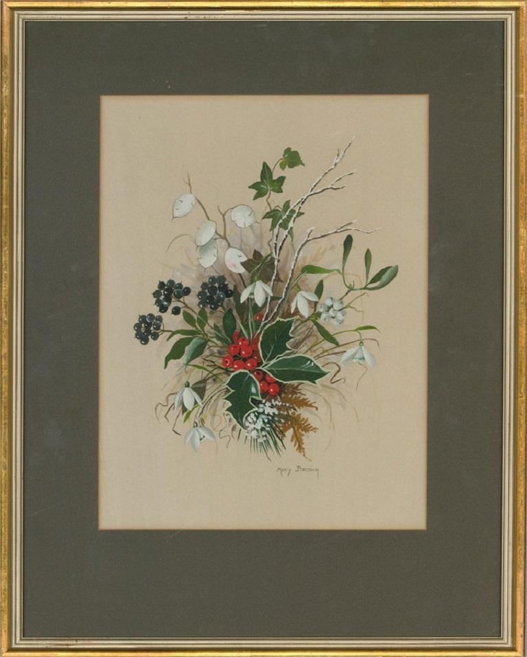 Ein zartes Gouache-Gemälde mit Aquarellfarben der Künstlerin Mary Brown, das zierliche Blumen, darunter Schneeglöckchen, darstellt. Am unteren Rand signiert. Gut präsentiert in einem Passepartout und in einem vergoldeten Rahmen mit weiß bemalten