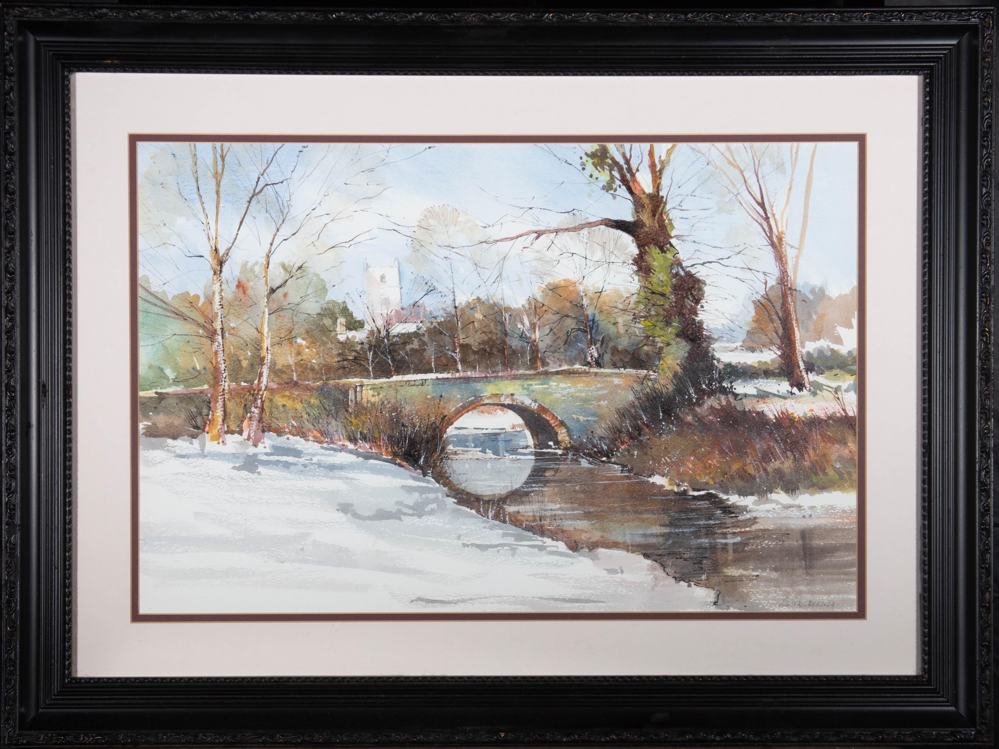 A captivating watercolour painting with pen and ink and gouache details, depicting a town scene with an arch bridge over a river. Signed illegibly to the lower right-hand corner. Well-presented in a double card mount and in an ornate black frame, as