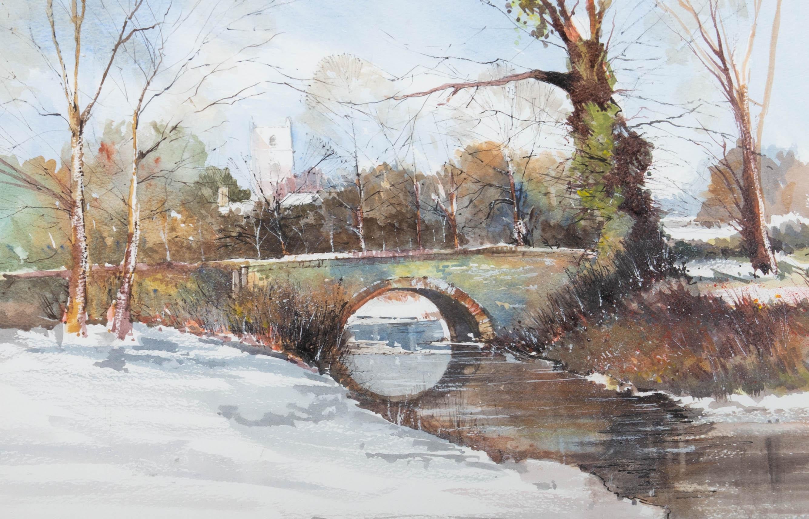 D.H. - Contemporary Watercolour, Town View with Arch Bridge For Sale 1