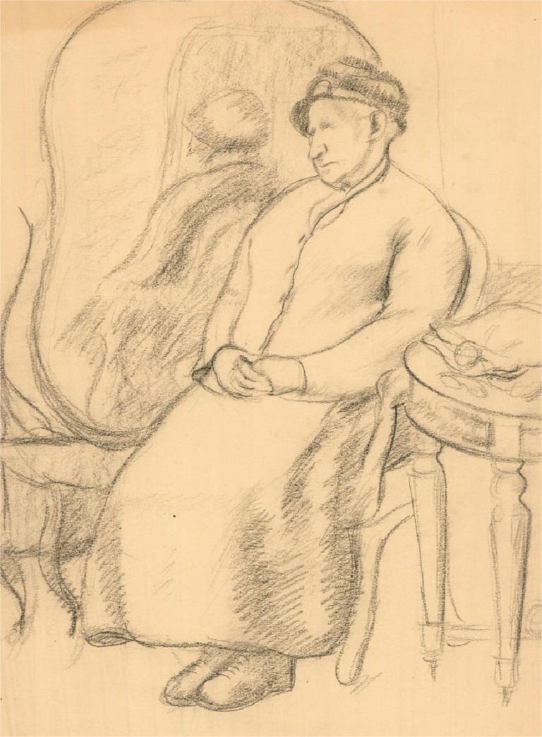 A fine charcoal study by the artist Dorothy Hepworth, depicting a seated, resting figure. Unsigned. On wove.
