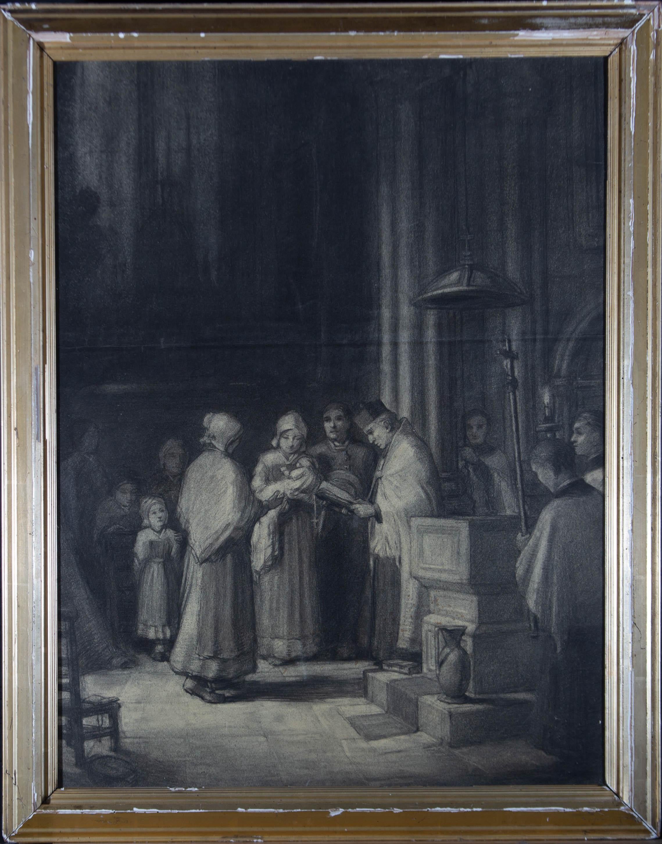 Unknown Figurative Art - Mid 19th Century Charcoal Drawing - Christening