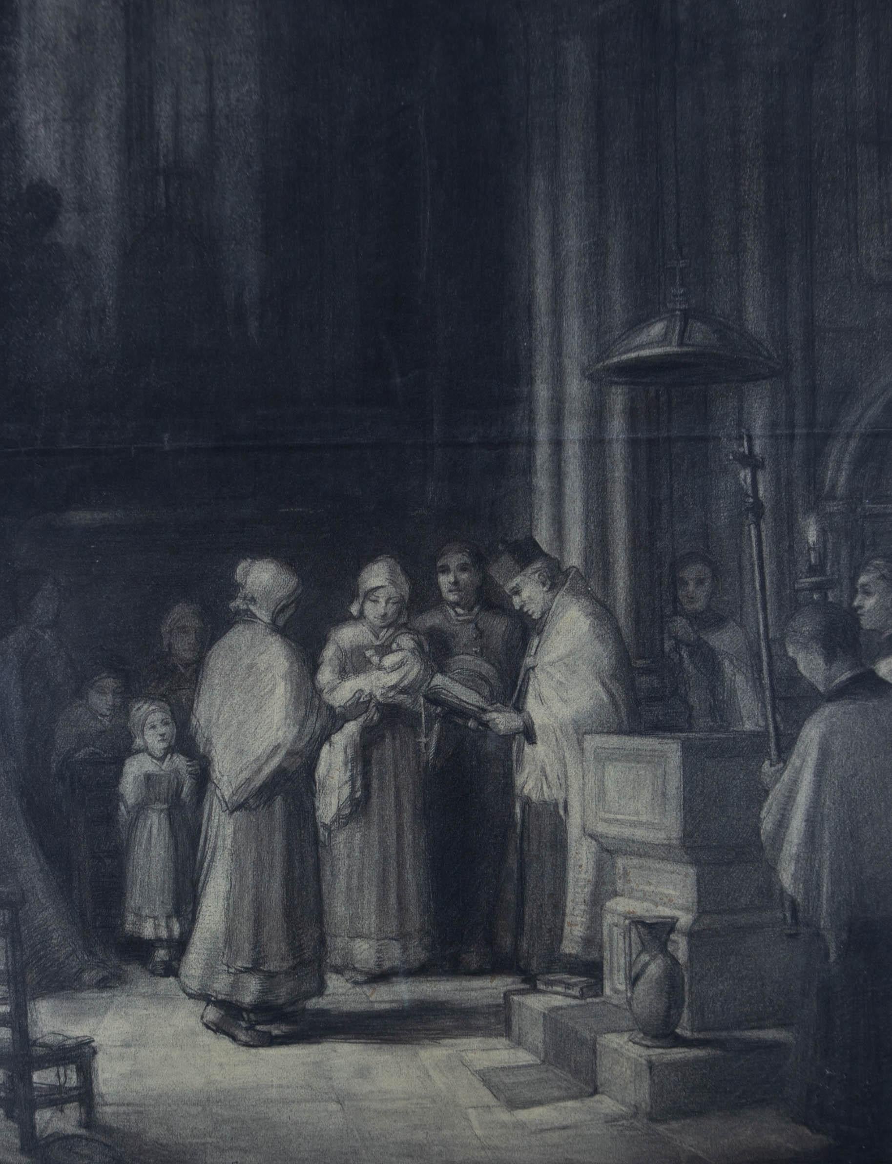 Mid 19th Century Charcoal Drawing - Christening - Art by Unknown