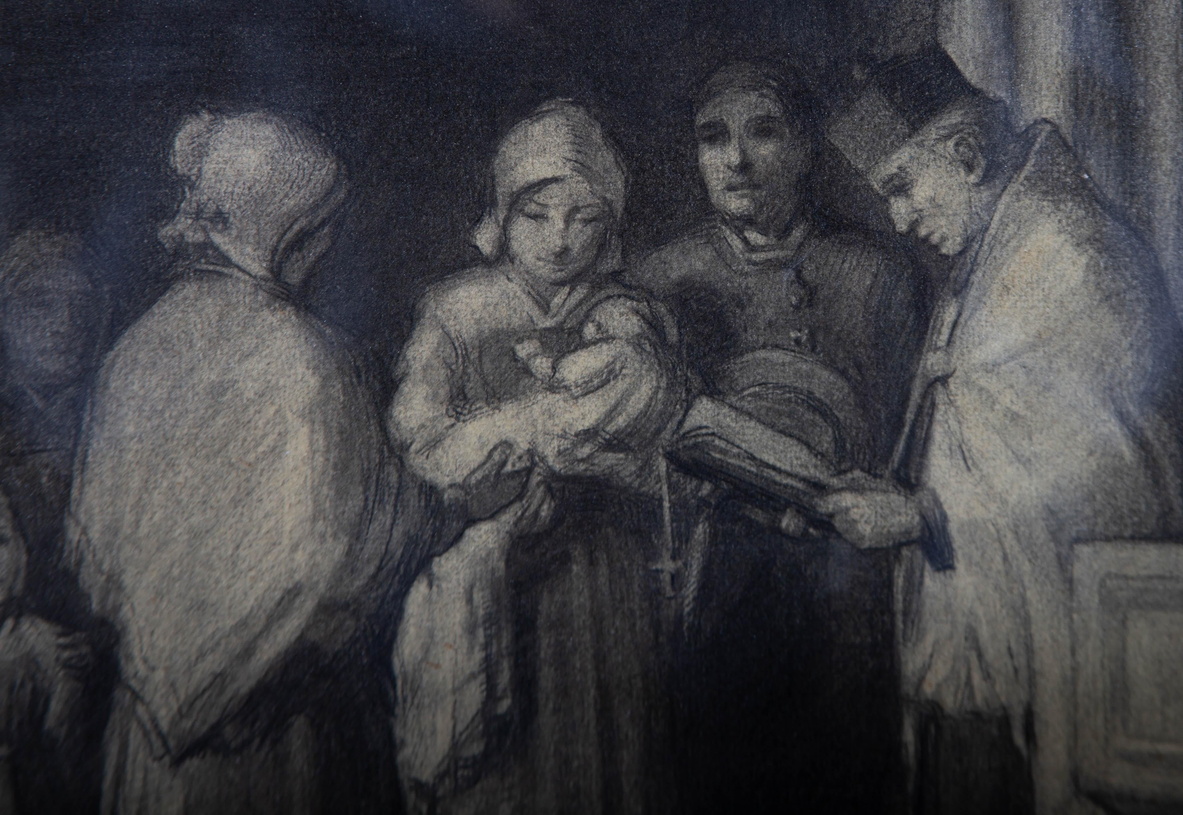 A very finely wrought charcoal drawing of a christening in a Catholic church. The interior of the church is filled with an atmospheric darkness which contrasts with the luminosity of the figures in the lower register of the composition. Presented