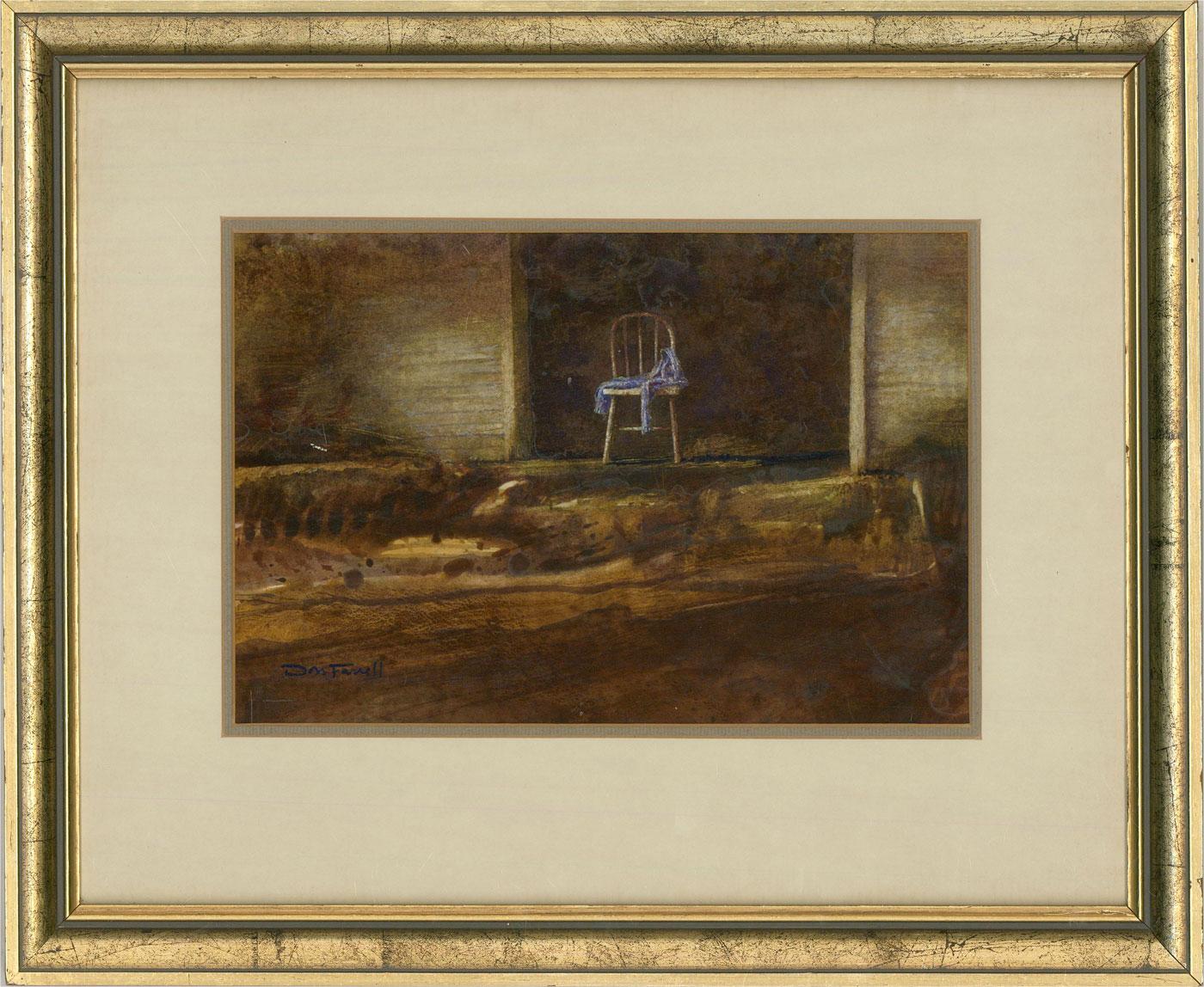 An atmospheric and absorbing painting of a doorway occupied by a wooden chair with a blue garment resting on its seat. Presented glazed in a white and grey double mount and a distressed gilt-effect wooden frame. Signed to the lower-left edge. Royal