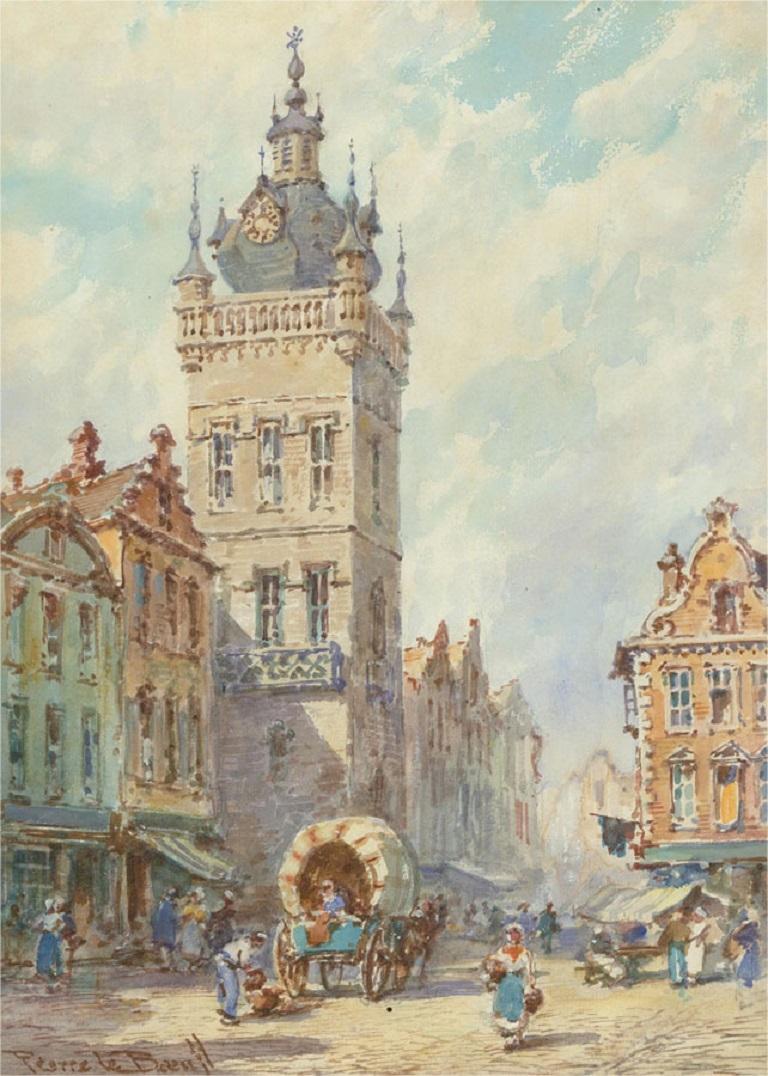 Pierre Le Boeuff - Aquarelle du début du 20e siècle, tour d'horloge continentale en vente 1