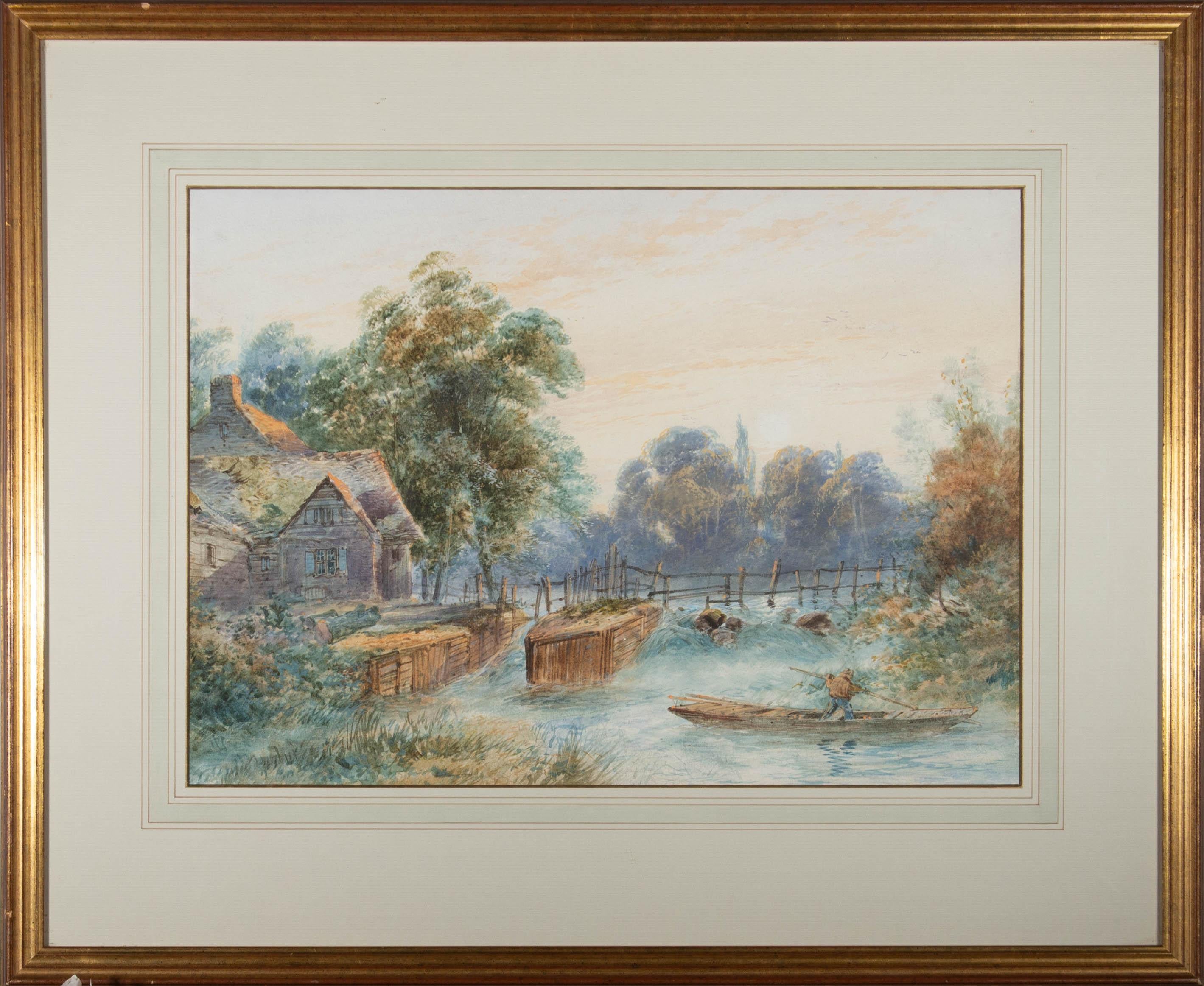 Aquarell-Figur auf Boot und Hütte, frühes 20. Jahrhundert