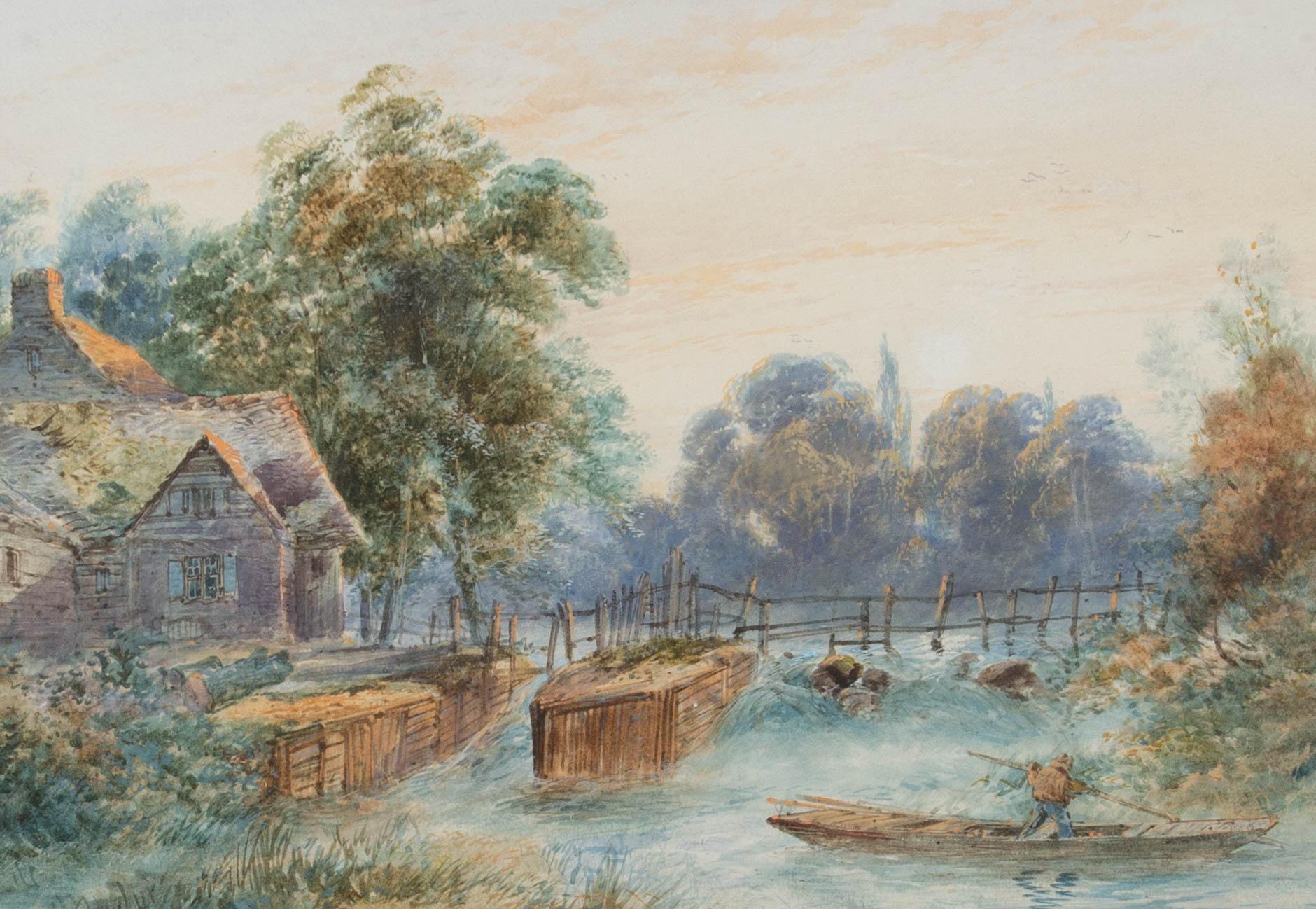 Aquarell-Figur auf Boot und Hütte, frühes 20. Jahrhundert – Art von Unknown