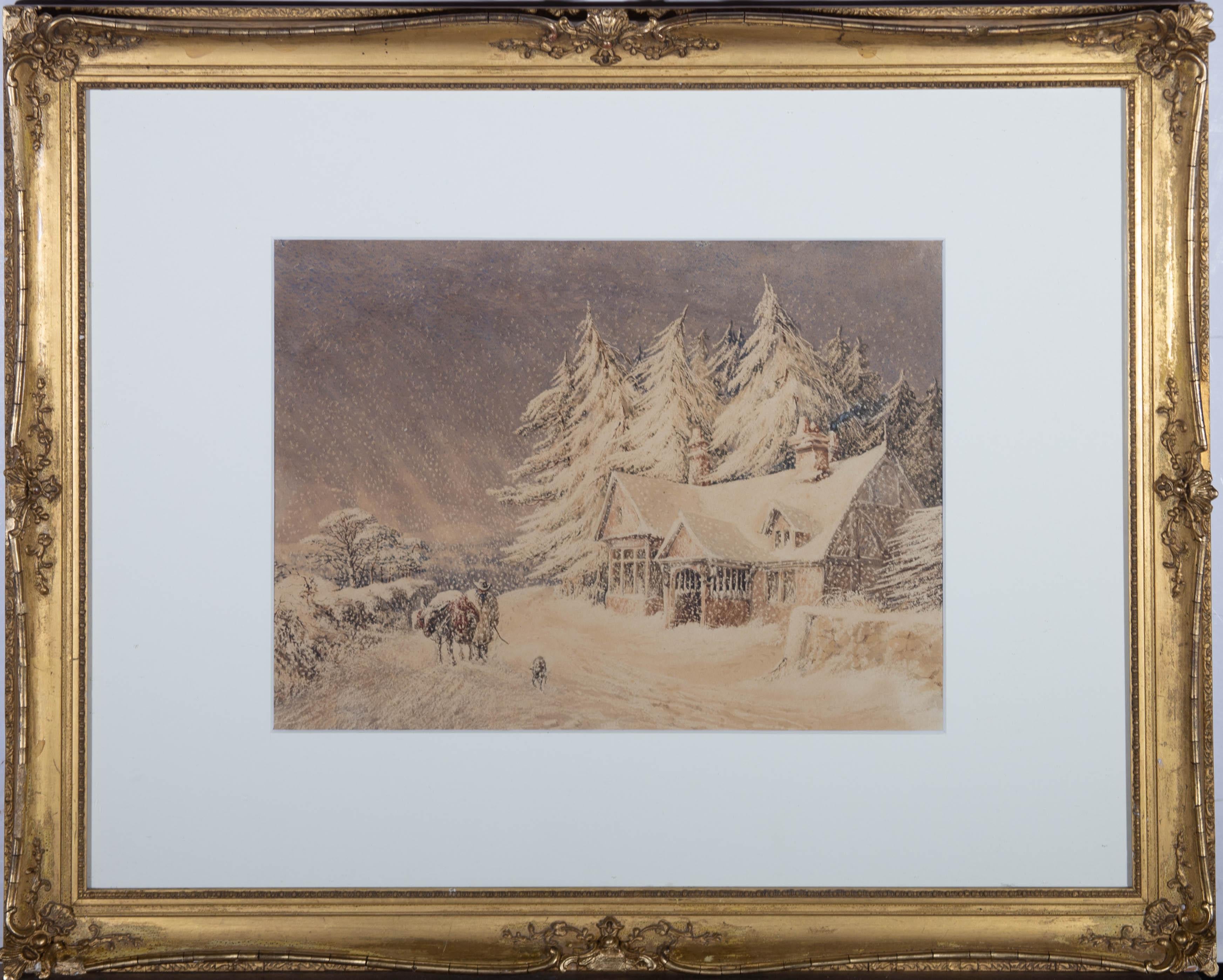Unknown Landscape Art - 1860 Watercolour - Snowstorm