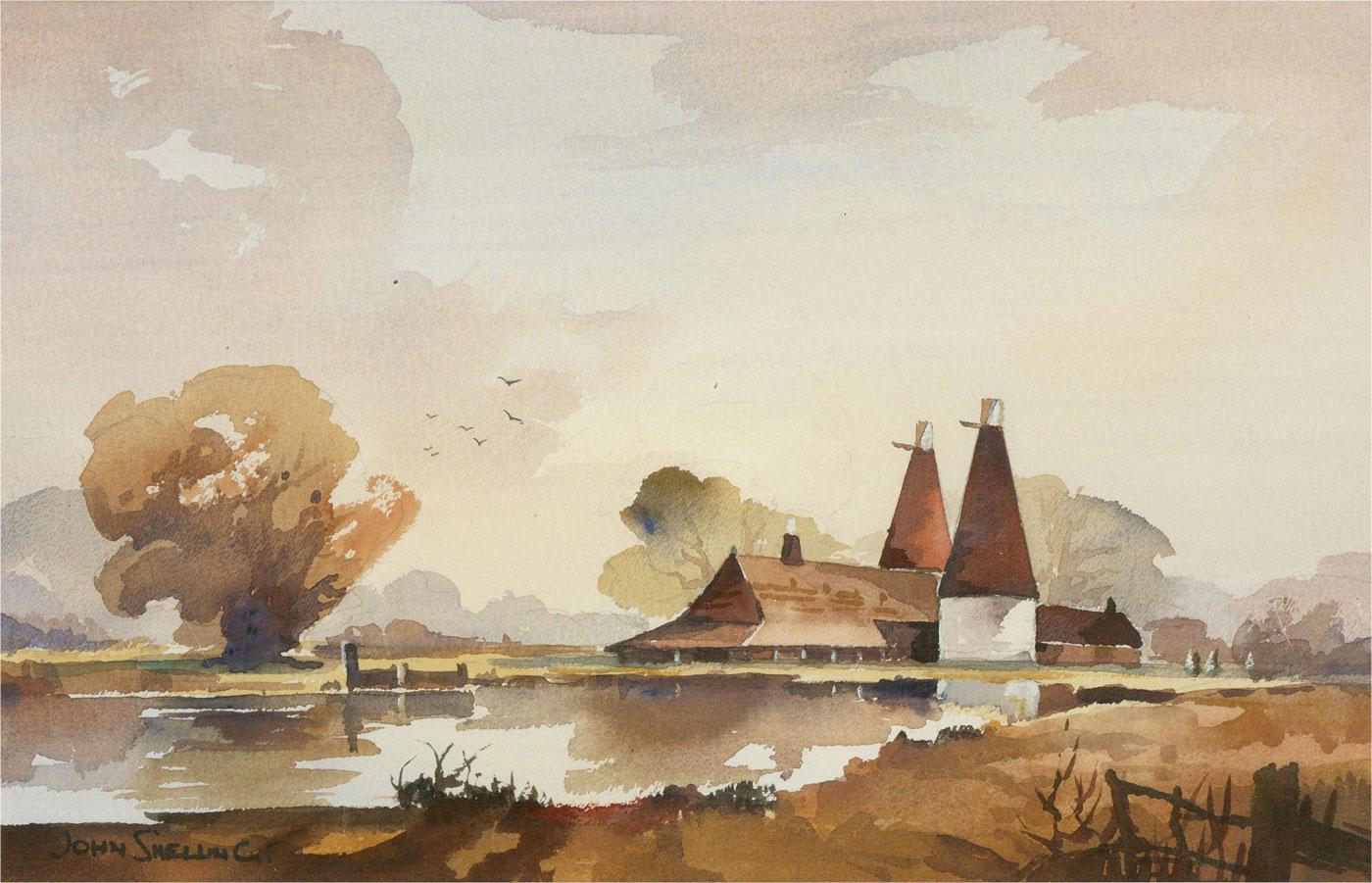 A charming watercolour painting by the artist John Snelling, depicting an oast house. Signed to the lower left-hand corner. There is a label on the reverse inscribed with the artist's name and title. Well-presented in a washline card mount and in