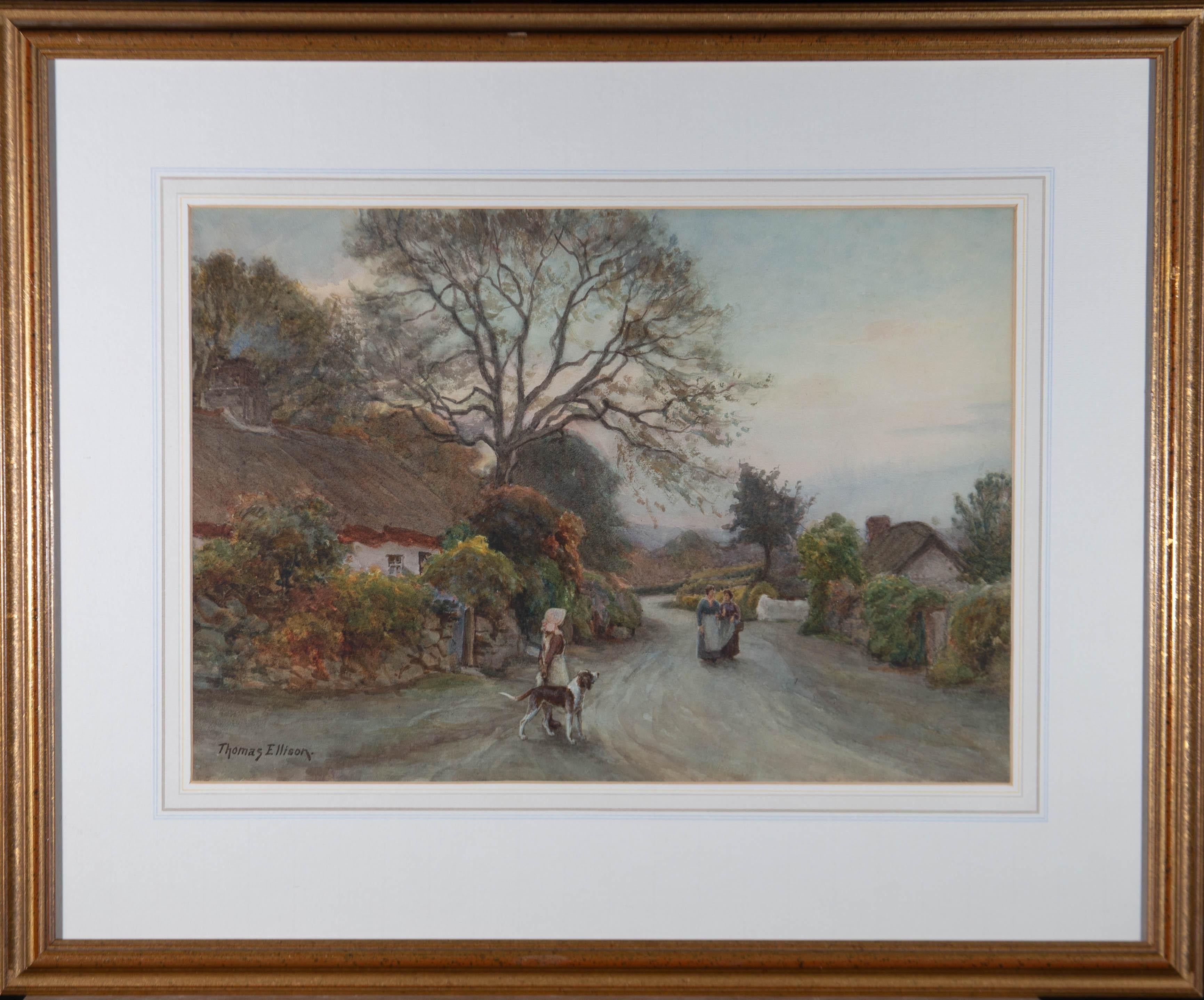 A village street scene featuring a young girl and a dog in the foreground. Presented glazed in a wash line mount and a distressed gilt-effect wooden frame. Signed to the lower-left edge. Label on the verso which includes the title. On watercolour