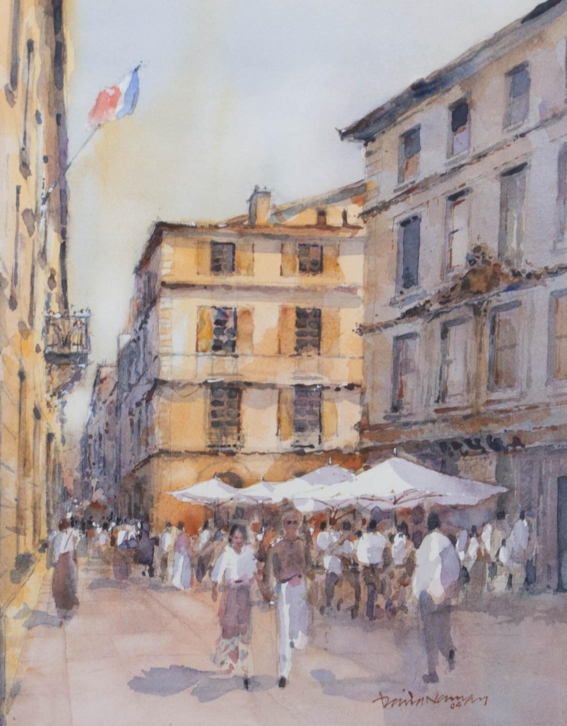 A wonderful French vista in Summer, with people strolling along the sun drenched streets past cafes full of diners. The artist has signed and dated to the lower right corner and the painting has been presented in a silvered frame with card mount. On