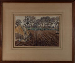 Vintage A. W. Colby - 1947 Watercolour, Ploughed Field