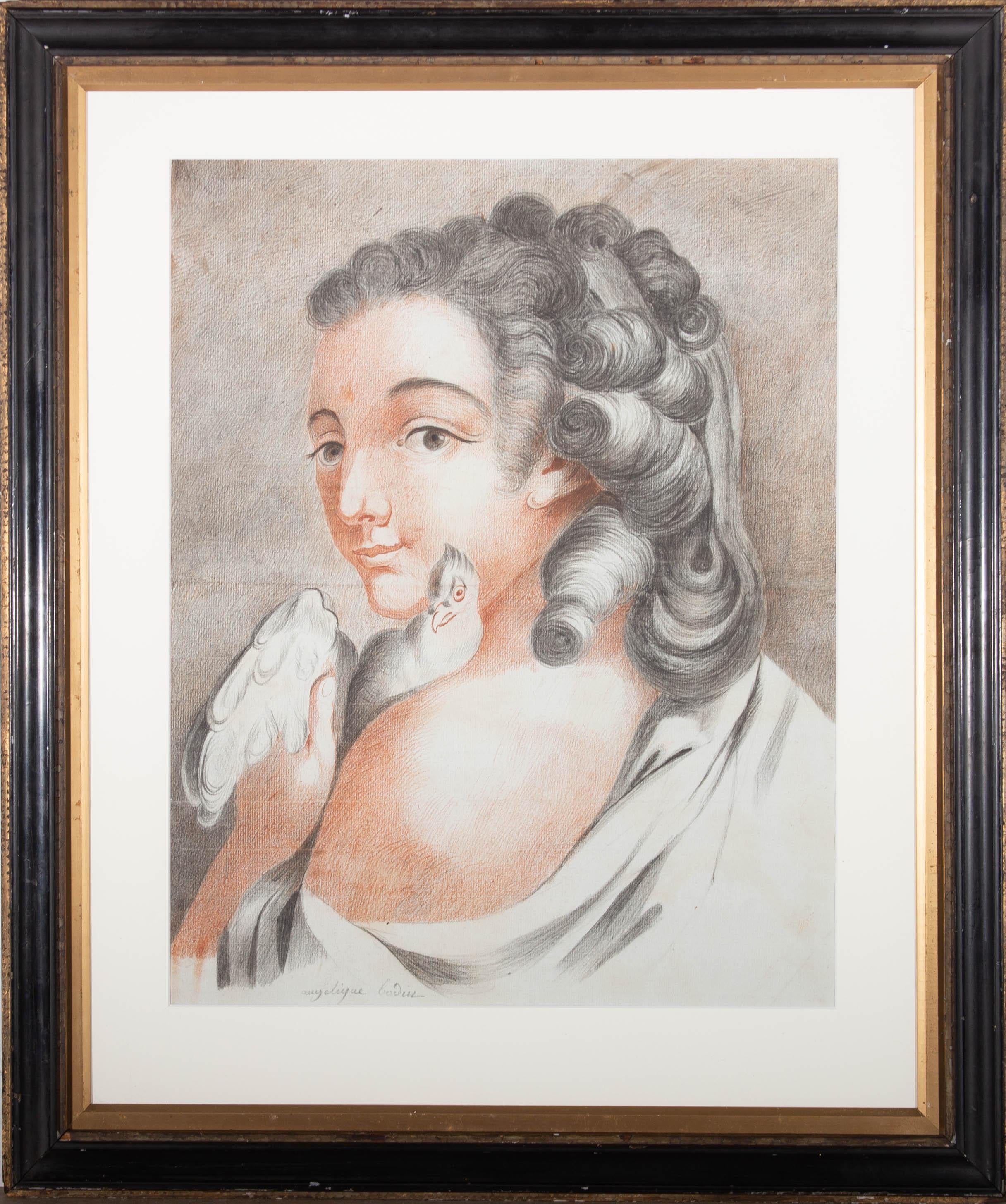 Un bel ritratto di inizio Ottocento in conte e sanguigna. La giovane donna ha dei bellissimi capelli scuri arricciati e tiene delicatamente al petto una graziosa colomba mentre sorride timidamente alle sue spalle. L'artista ha apposto la sua firma