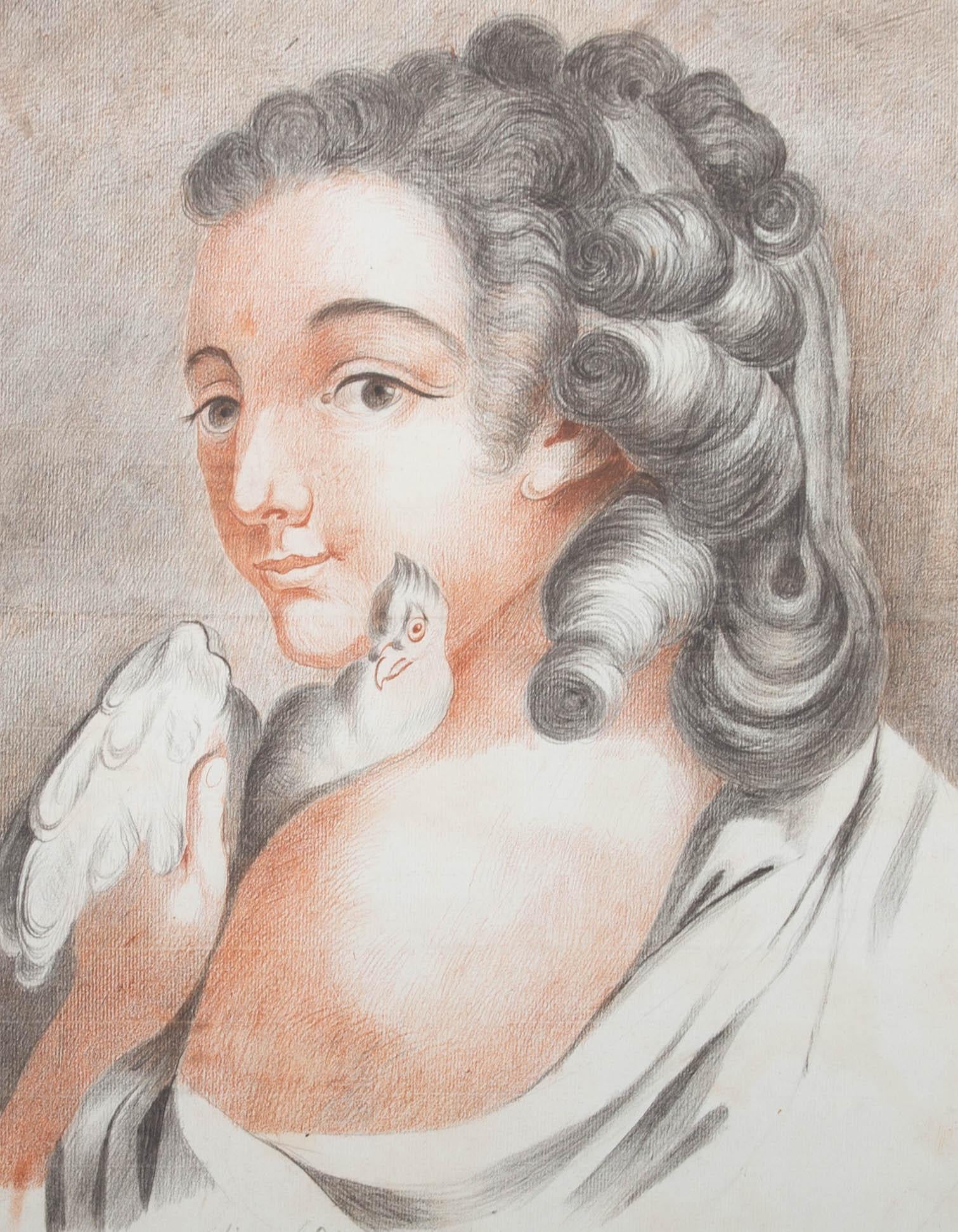 Angelique Bodin - Sanguigna del primo Ottocento, giovane donna con colomba in vendita 2