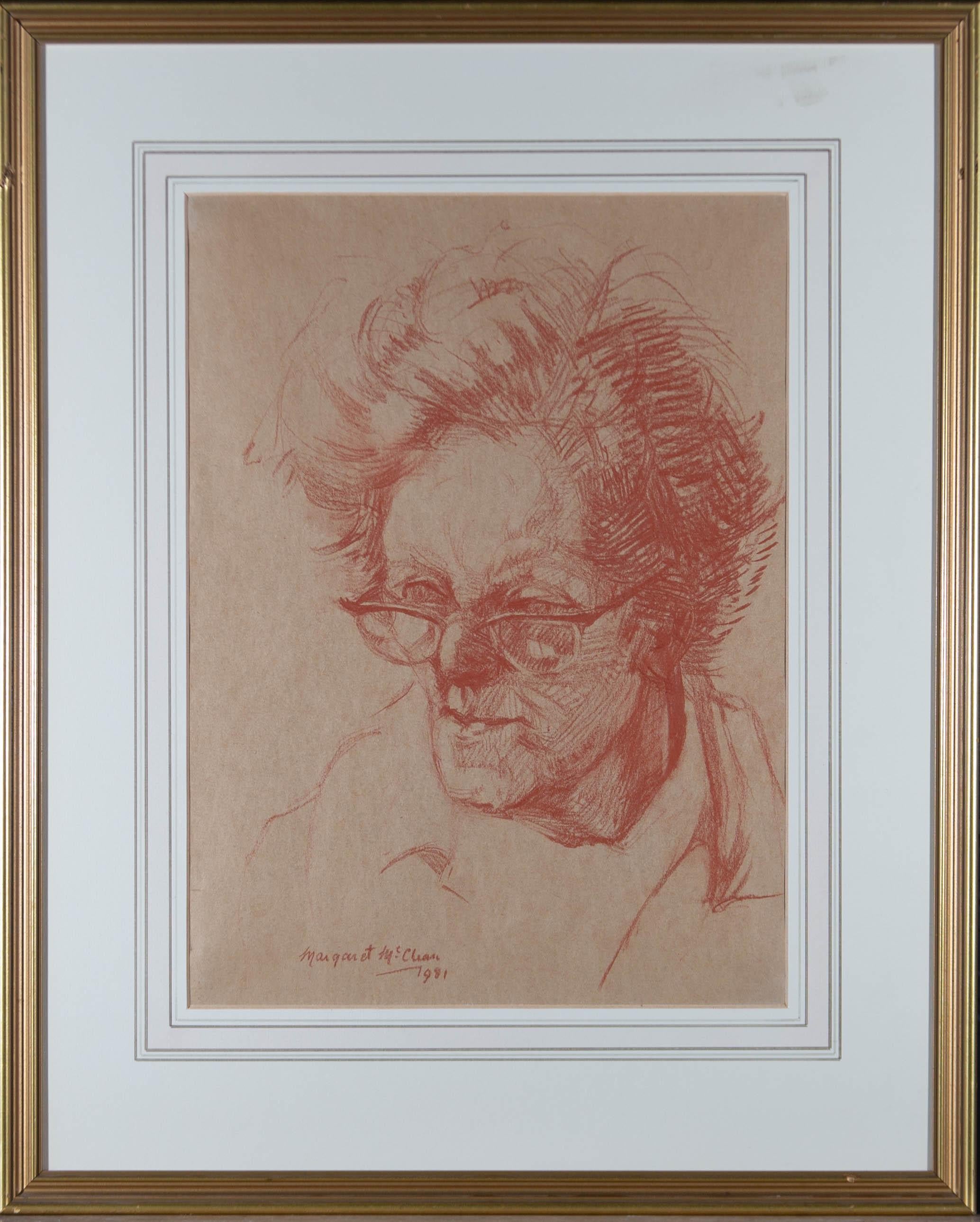 Uno studio in conte sanguigna di una testa. Presentato con una montatura in linea di lavaggio e una cornice in legno con effetto dorato. Firmato e datato al margine inferiore sinistro. Etichetta espositiva della Pastel Society sul verso che include