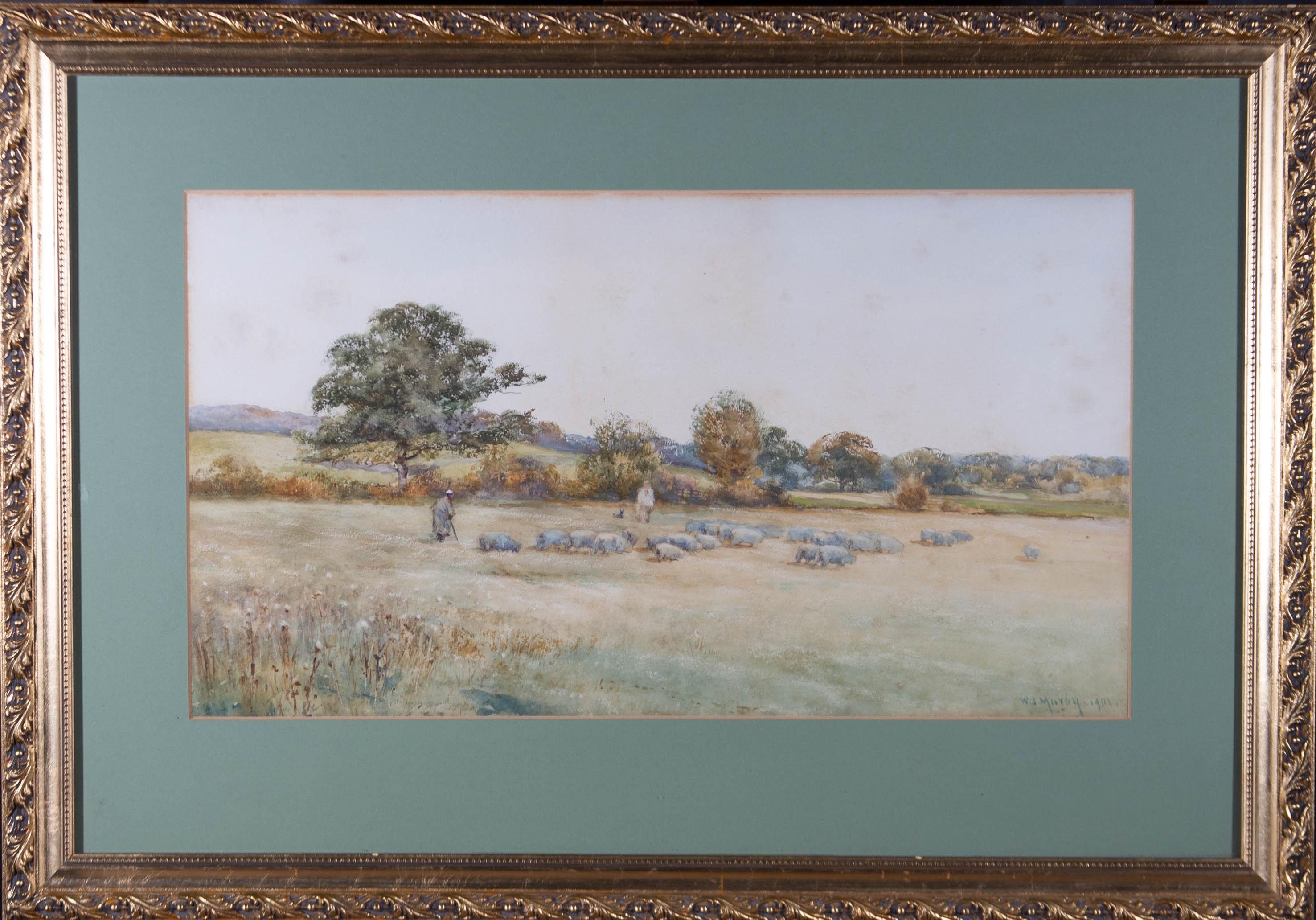 An idyllic pastoral scene showing a farmer driving his flock out into fresh pastures. A figure stands close by with a dog visible in the long grass. The artist has signed and dated to the lower right corner. The painting has been presented in a
