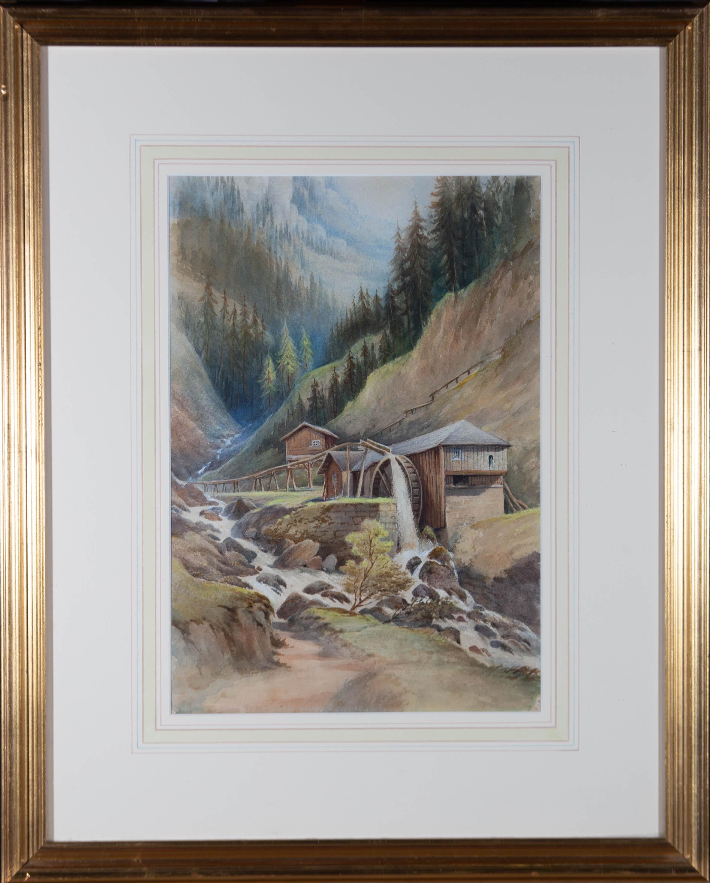 Unknown Landscape Art - Mid 20th Century Watercolour - Mountain Watermill
