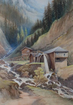 Mid 20th Century Watercolour - Mountain Watermill