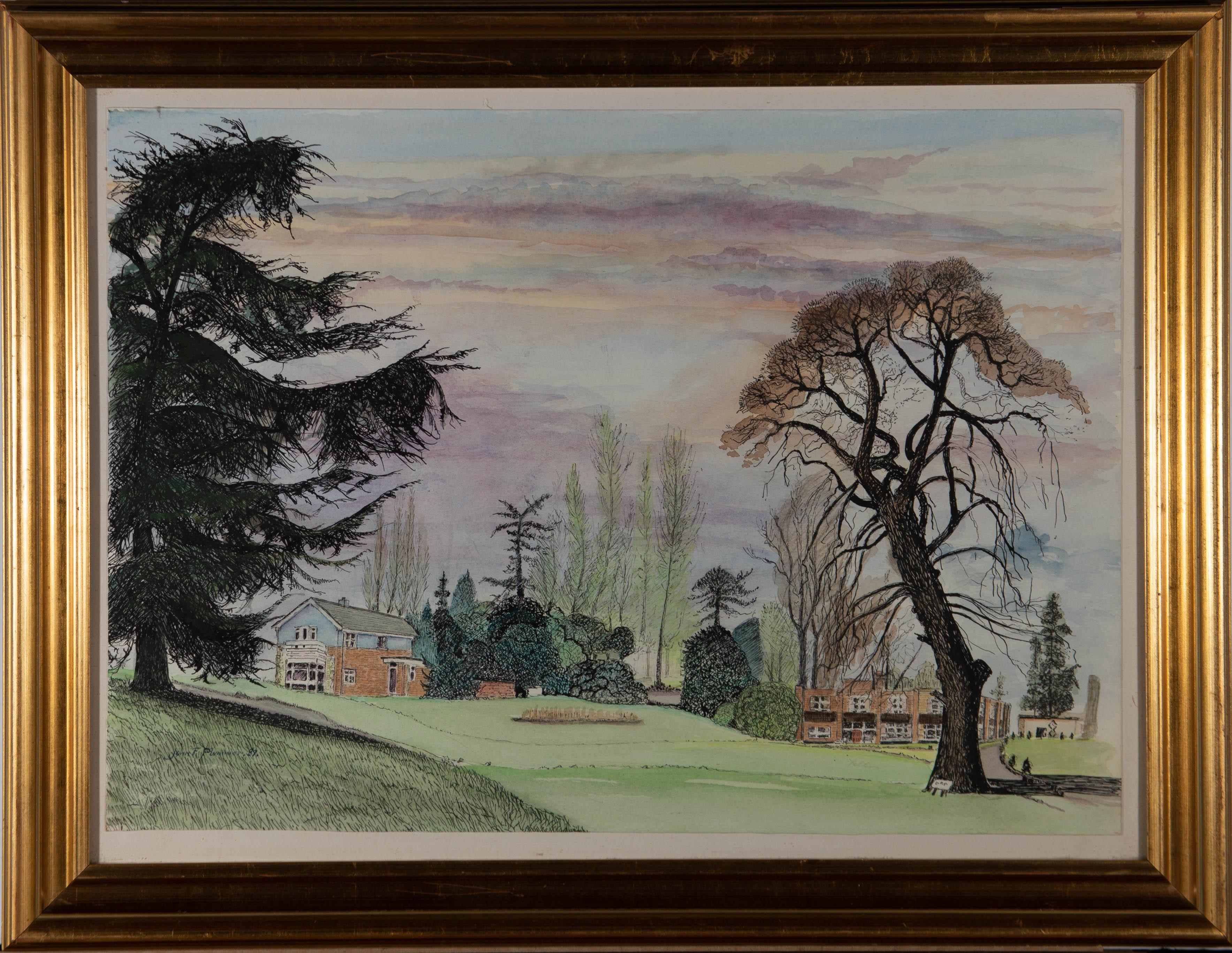 A fine watercolour scene with black ink detailing, showing the well kept lawns and varied trees in a town garden. The artist has signed and dated to the lower left corner and the painting ha been presented in a contemporary gilt frame.
