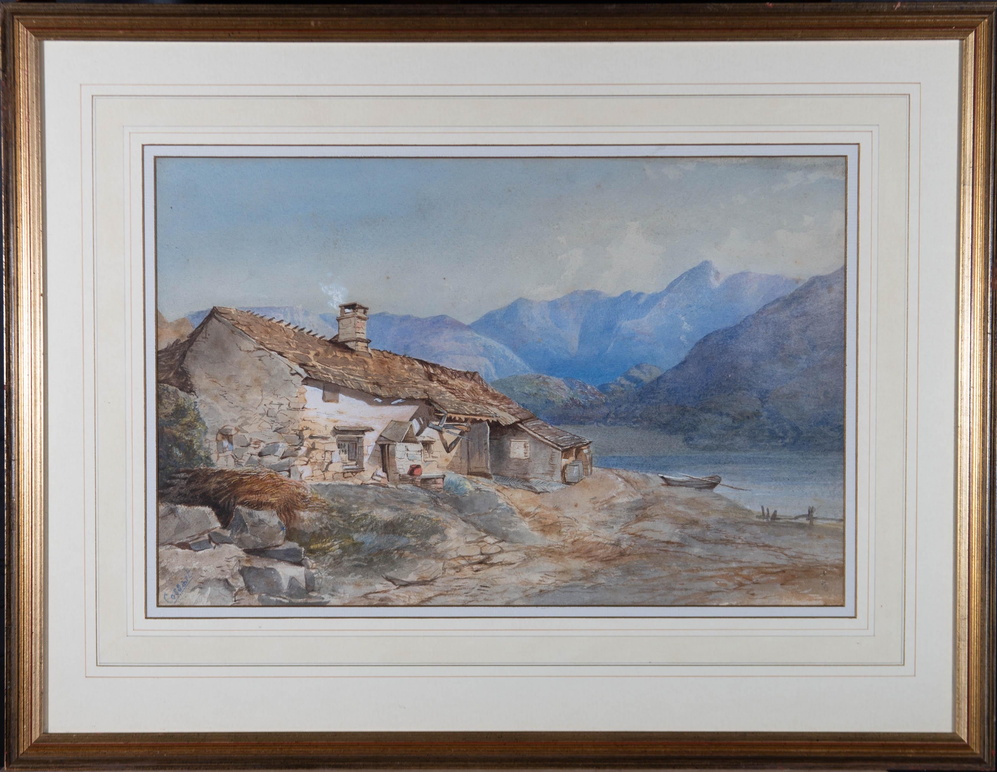 A picturesque view of a rustic lakeside cottage. Presented glazed in a wash line mount and a distressed gilt-effect wooden frame. Signed to the lower-left edge. On wove.
