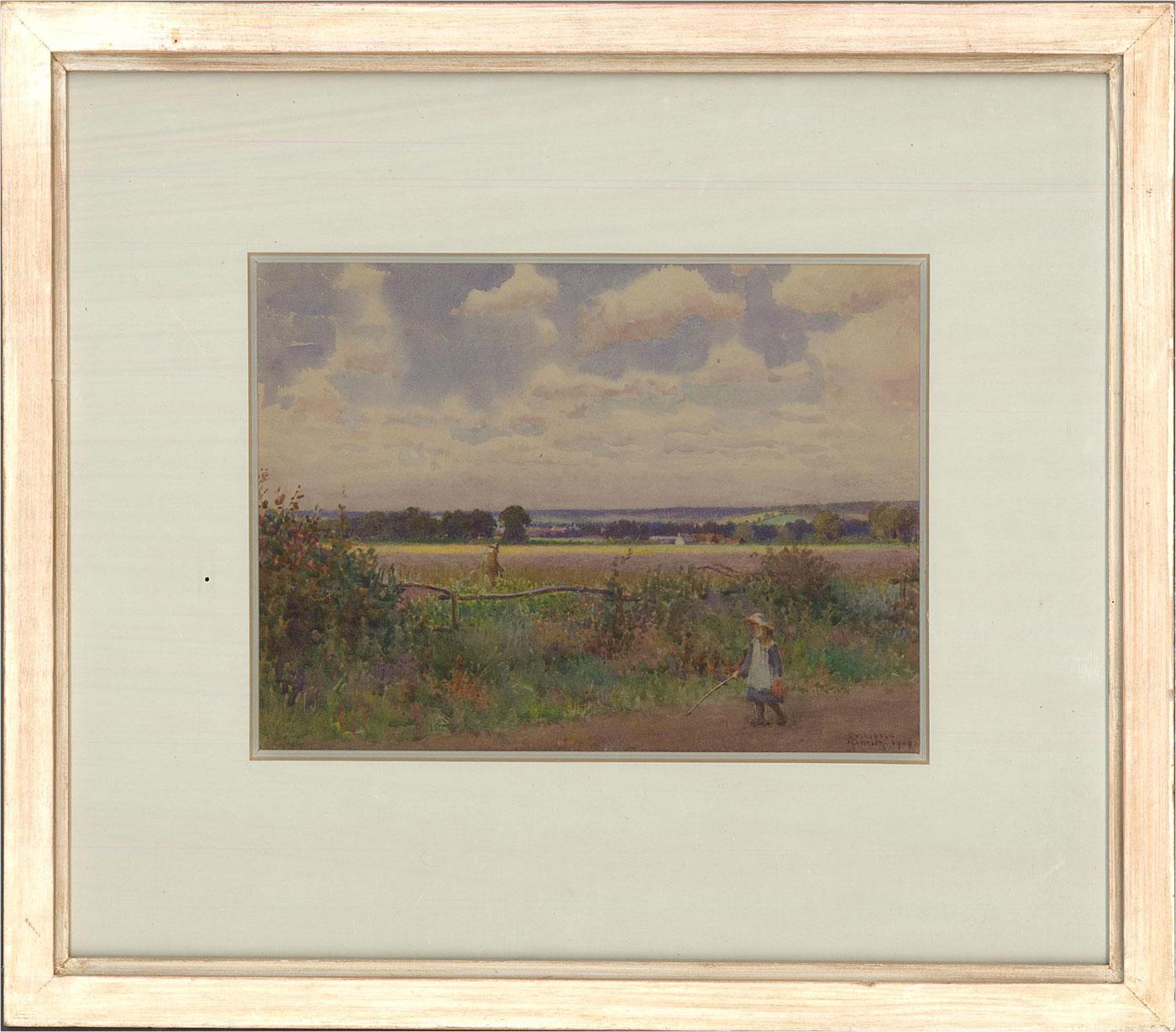 A landscape by the renowned American marine architect, painter, and engineer Archibald Cary Smith (1837-1911). A young girl walks on a path beside a flowering meadow in which a figure, or perhaps a scarecrow, can be seen standing. Presented glazed