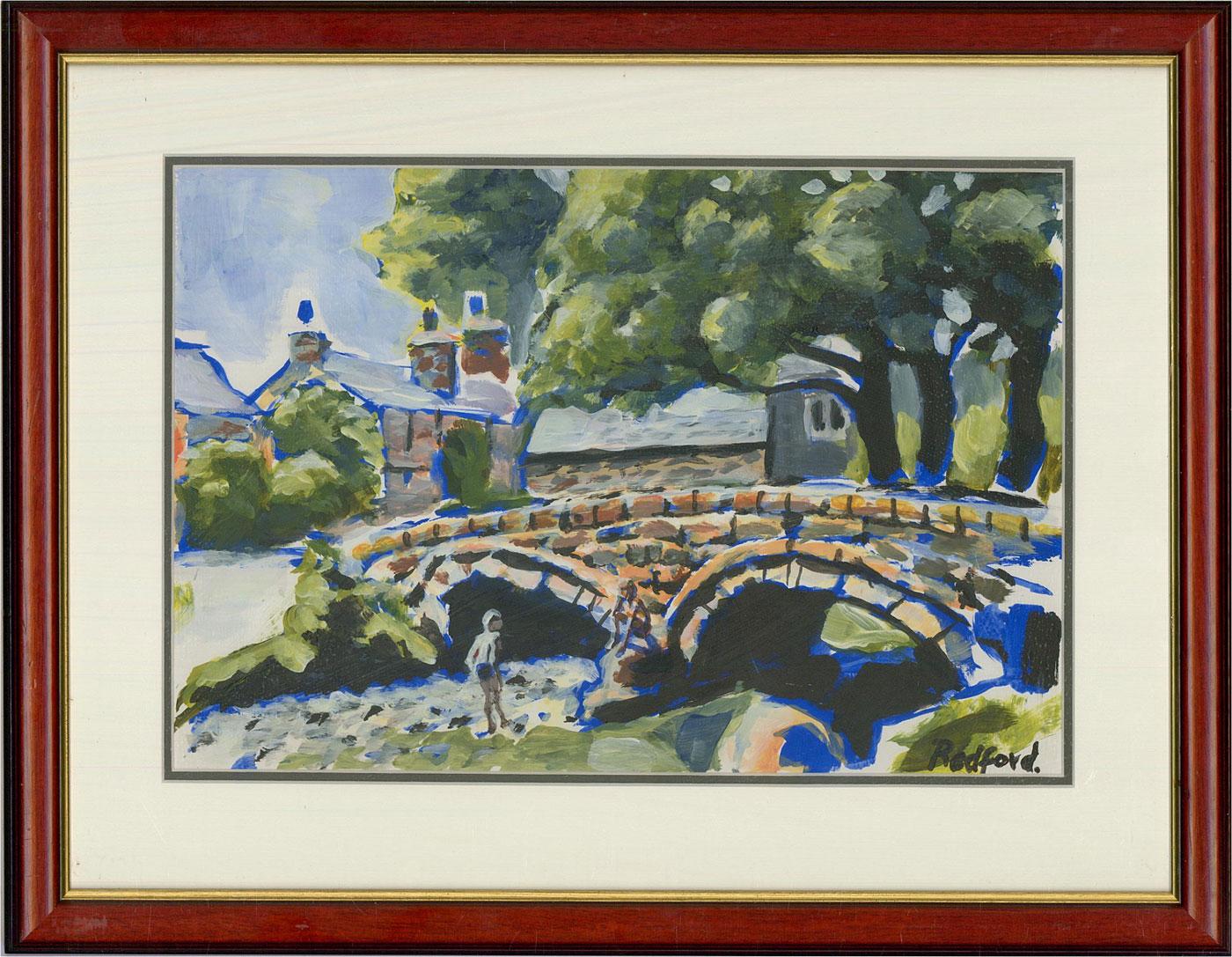 Unknown Landscape Art – Zeitgenössische Gouache - Redford Humpback Bridge