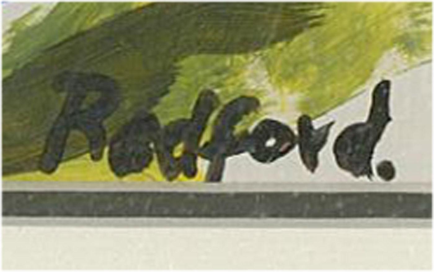 Eine lebhafte modernistische Szene in Gouache, die eine alte Buckelbrücke im Dorf Redford zeigt. Das Gemälde ist unsigniert und der Künstler hat den Ort unten rechts eingetragen. Das Gemälde wird in einem zeitgenössischen Holzrahmen mit Passepartout