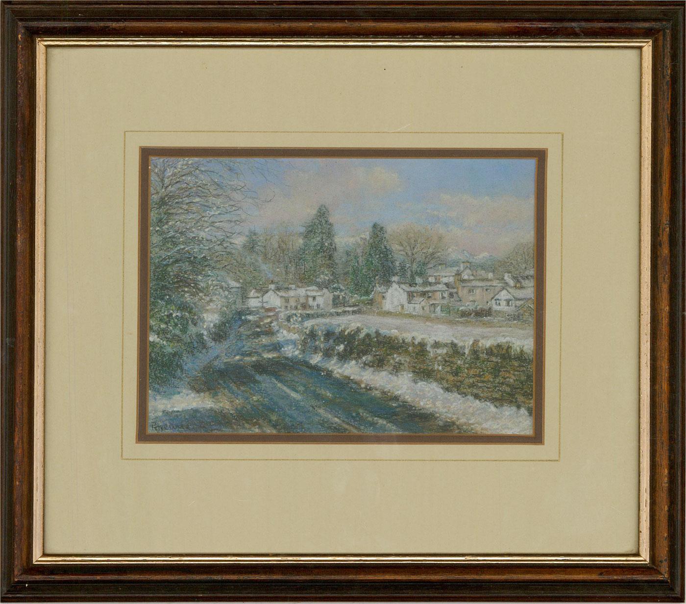 A pastel scene showing the road into the village. Well presented in a double card mount in a simple wooden frame. Signed to the lower left. On wove.
