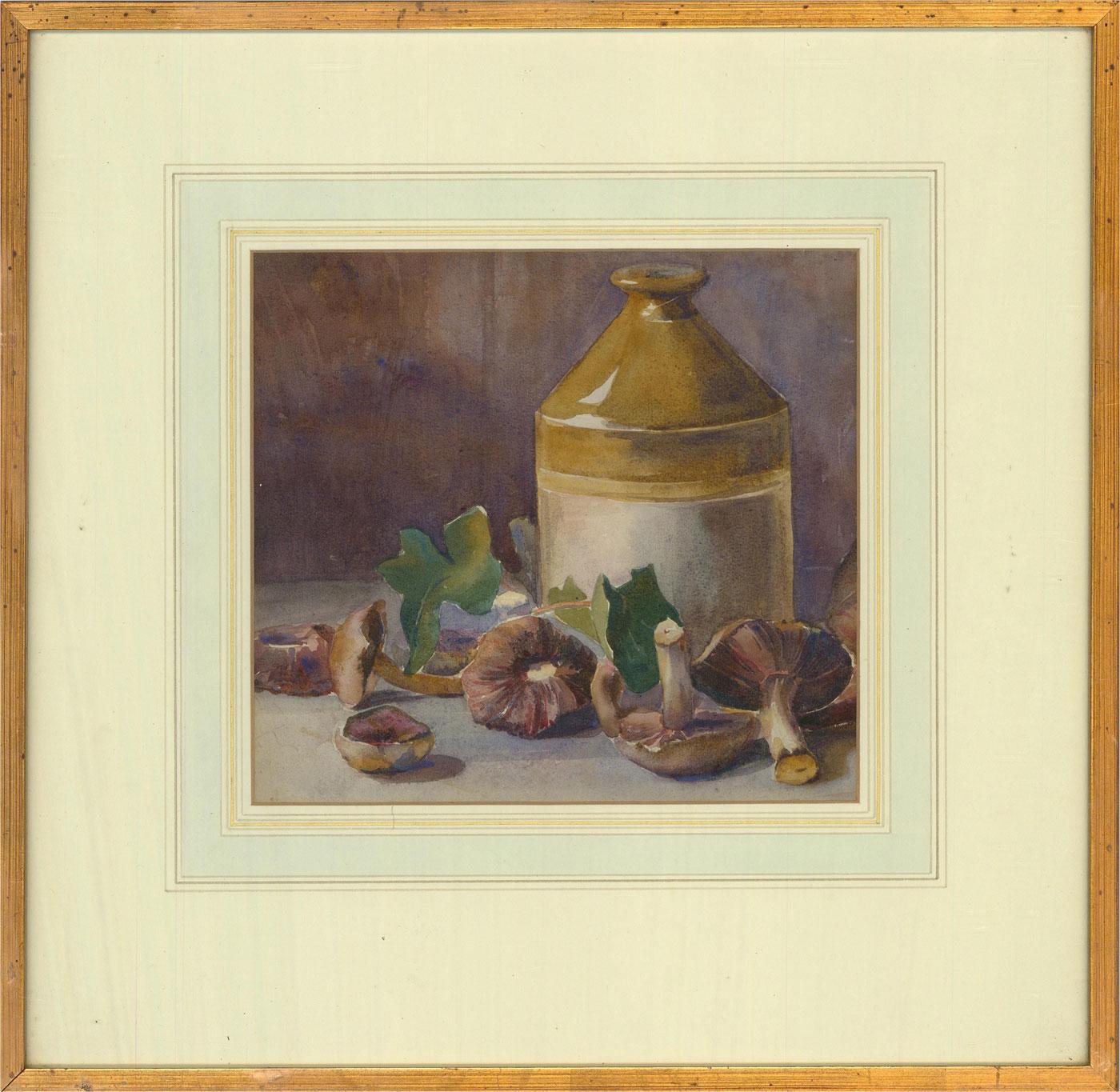 Unknown Still-Life – Aquarell-Aquarell des frühen 20. Jahrhunderts – Pilze und Steingut