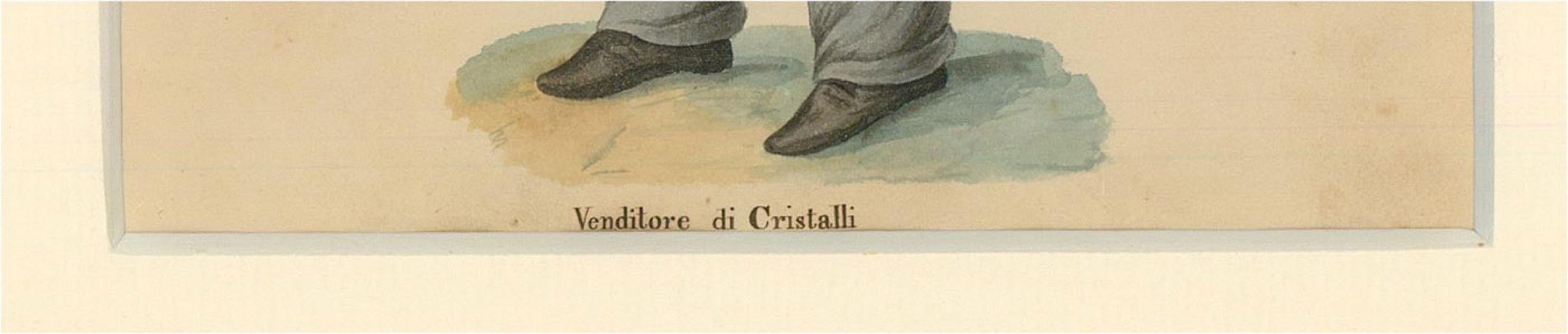 Italian Late 19th Century Watercolour - Venditore di Cristalli - Beige Portrait by Unknown