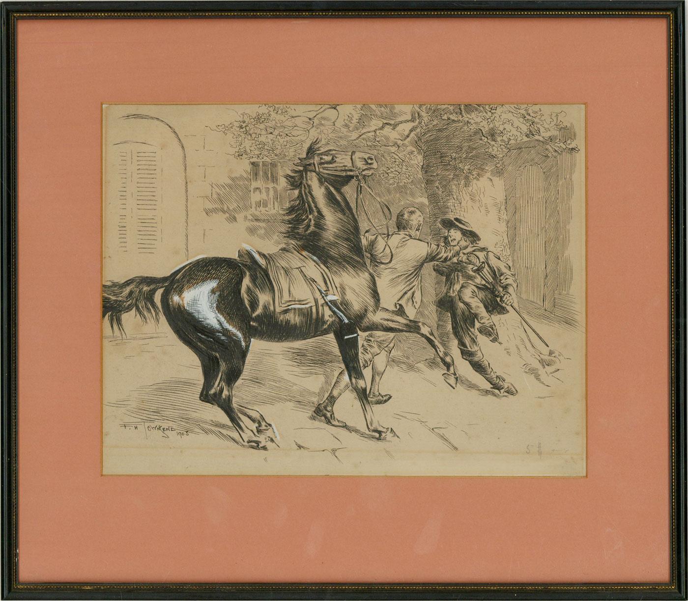 A dynamic pen and ink drawing, showing a man swinging a punch at an unsuspecting opponent who is reaching for their sword, falling back in shock. The assailant's horse rears up in the foreground. The artist has signed and dated to the lower left