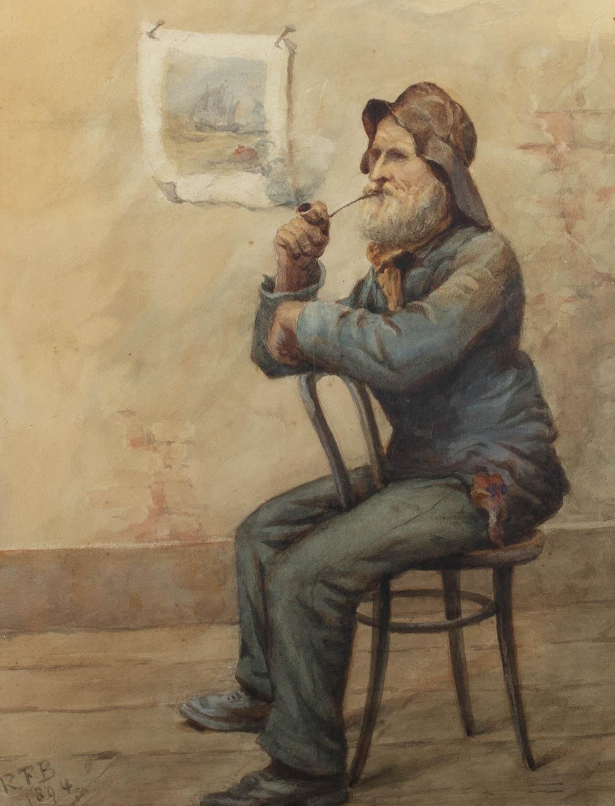 This portrait is of a fisherman sat on a wooden chair smoking his pipe. The fine detail of the painting shows the textures of the man's rain hat and heavy jacket, depicting the nature his work at sea. In the background we are shown a pinned up